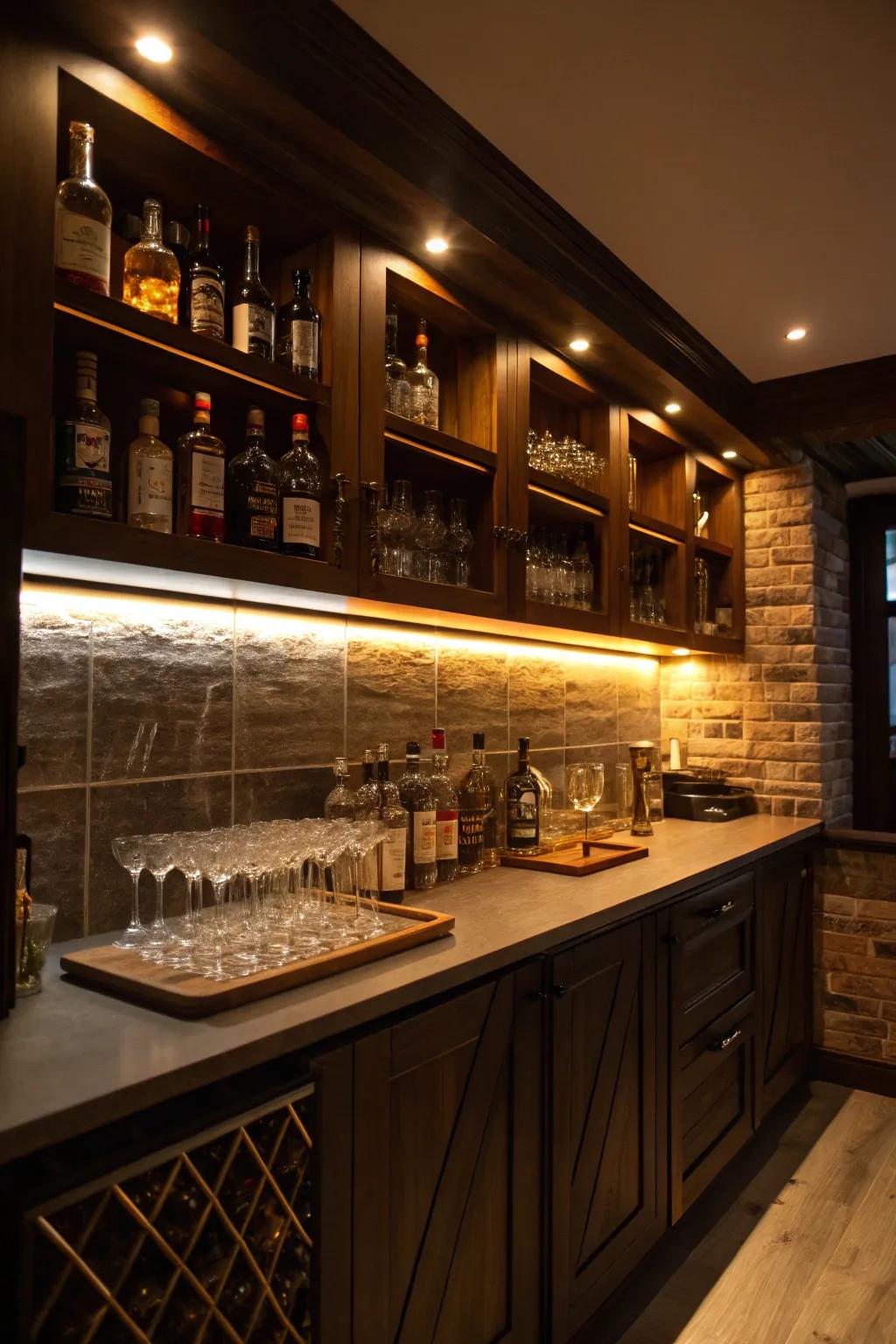 Hidden shelf lights add warmth and depth.