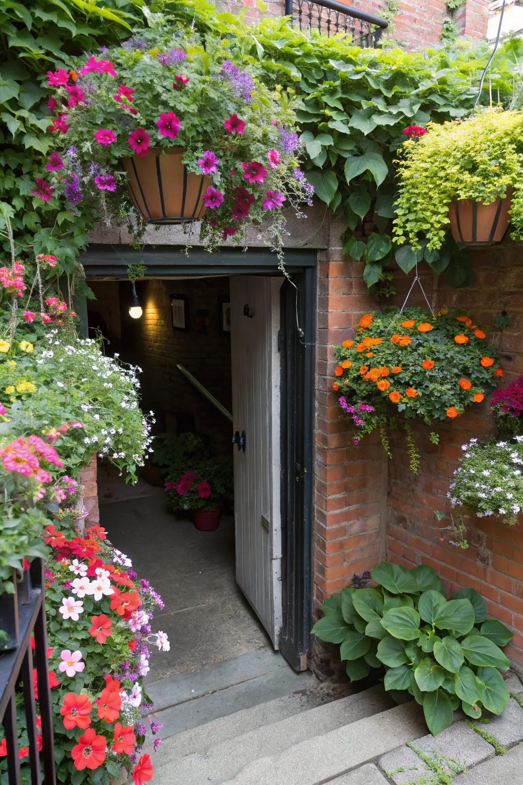 Greenery infuses your basement entrance with life and tranquility.