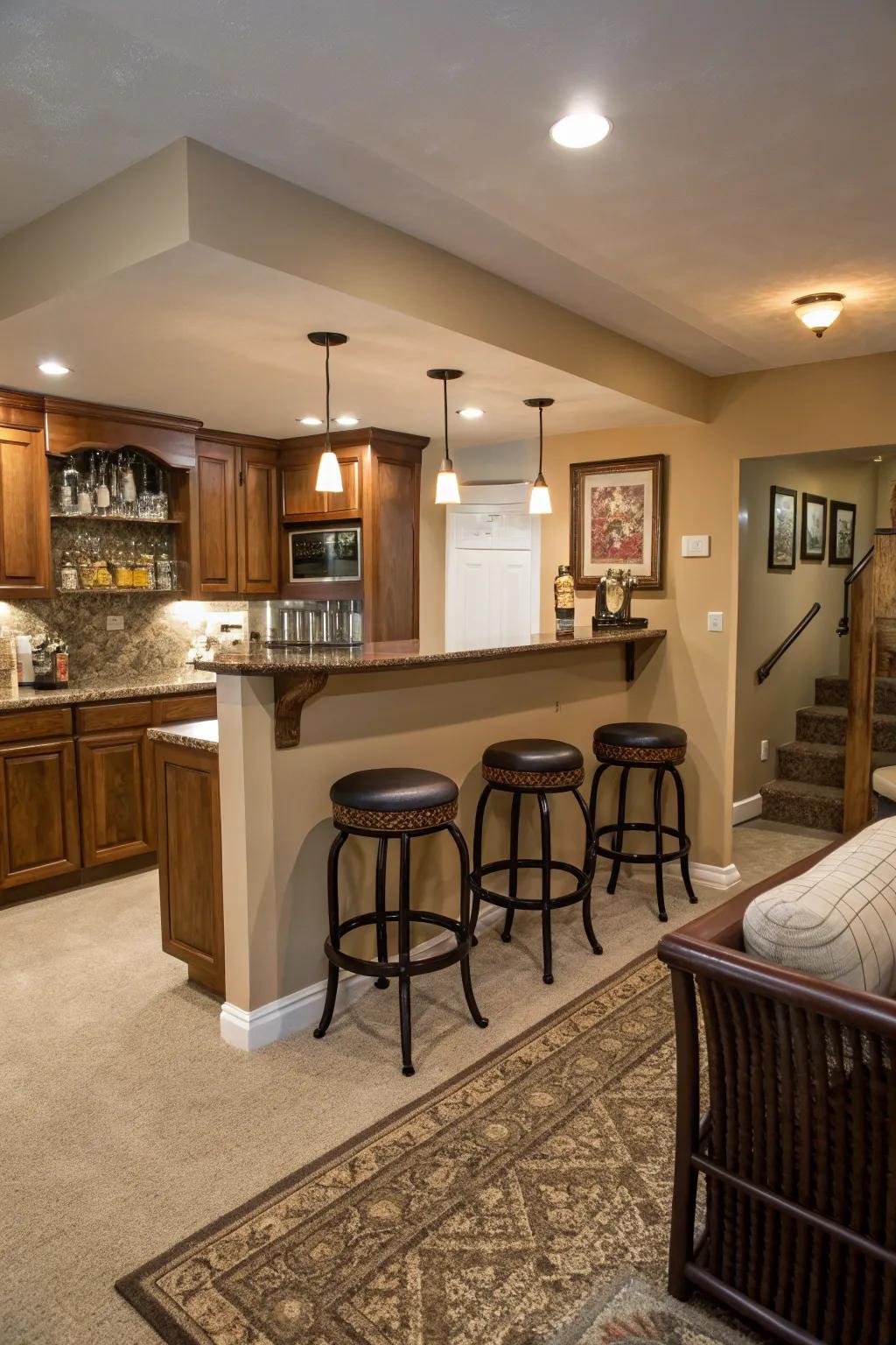 A drinks station enhances the social aspect of your kitchenette, ideal for get-togethers.
