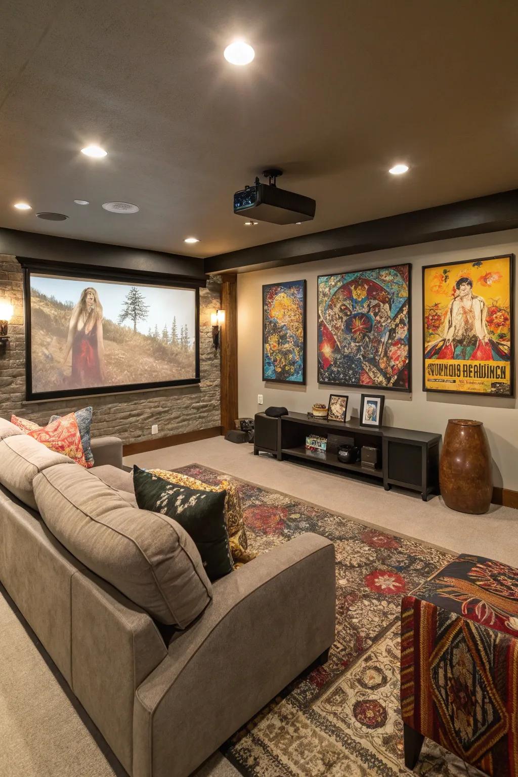 Thematic artwork bestows a personalized nuance to your home theater's design.