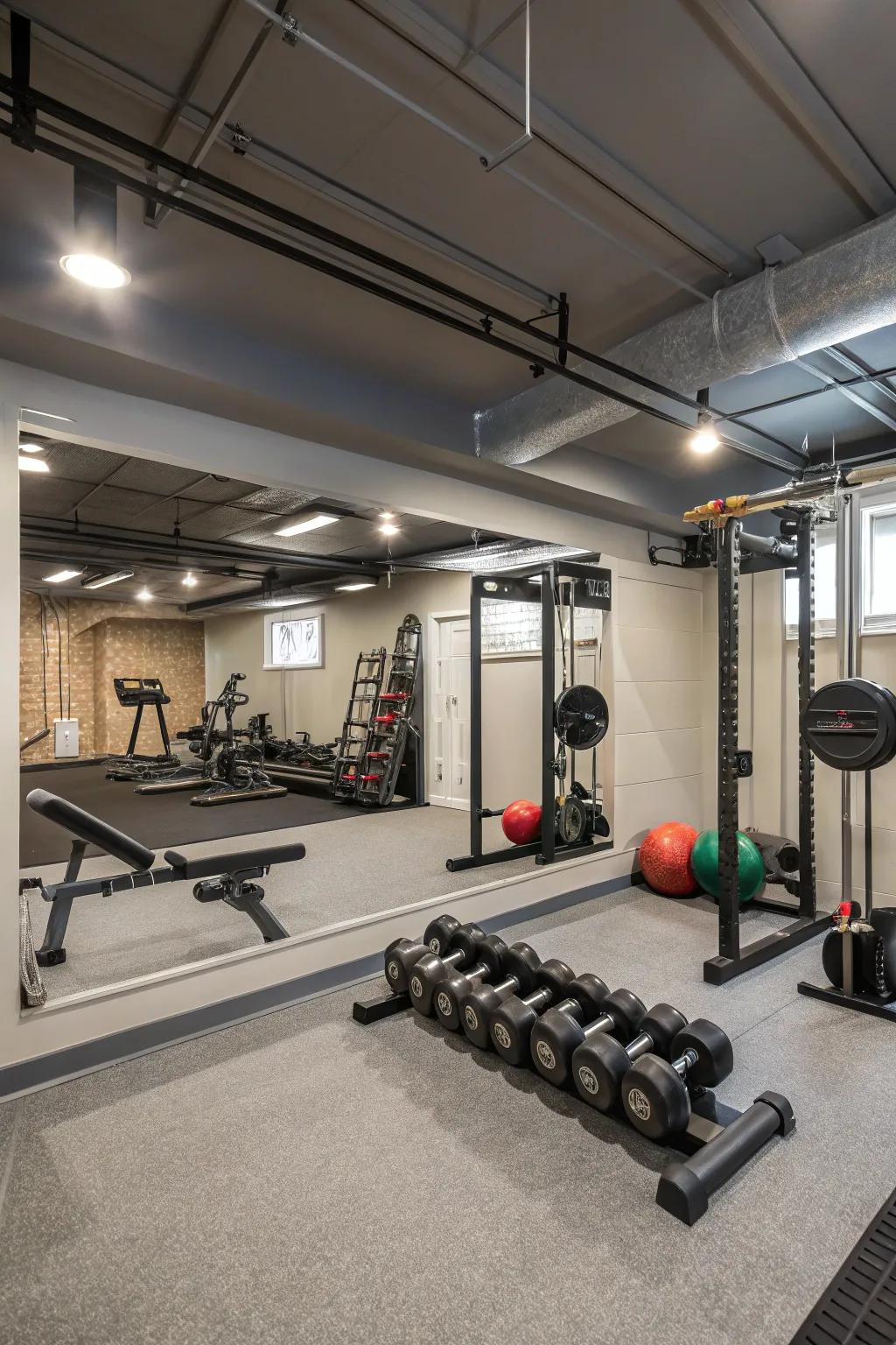 A functional basement home gym featuring core exercise equipment and mirrored walls.