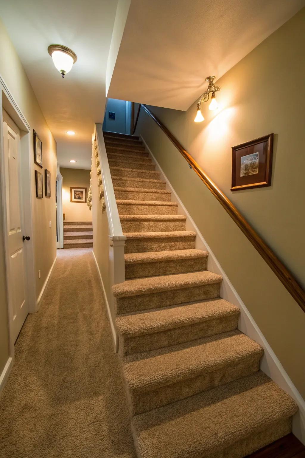 Carpeting adds warmth and safety to basement steps.