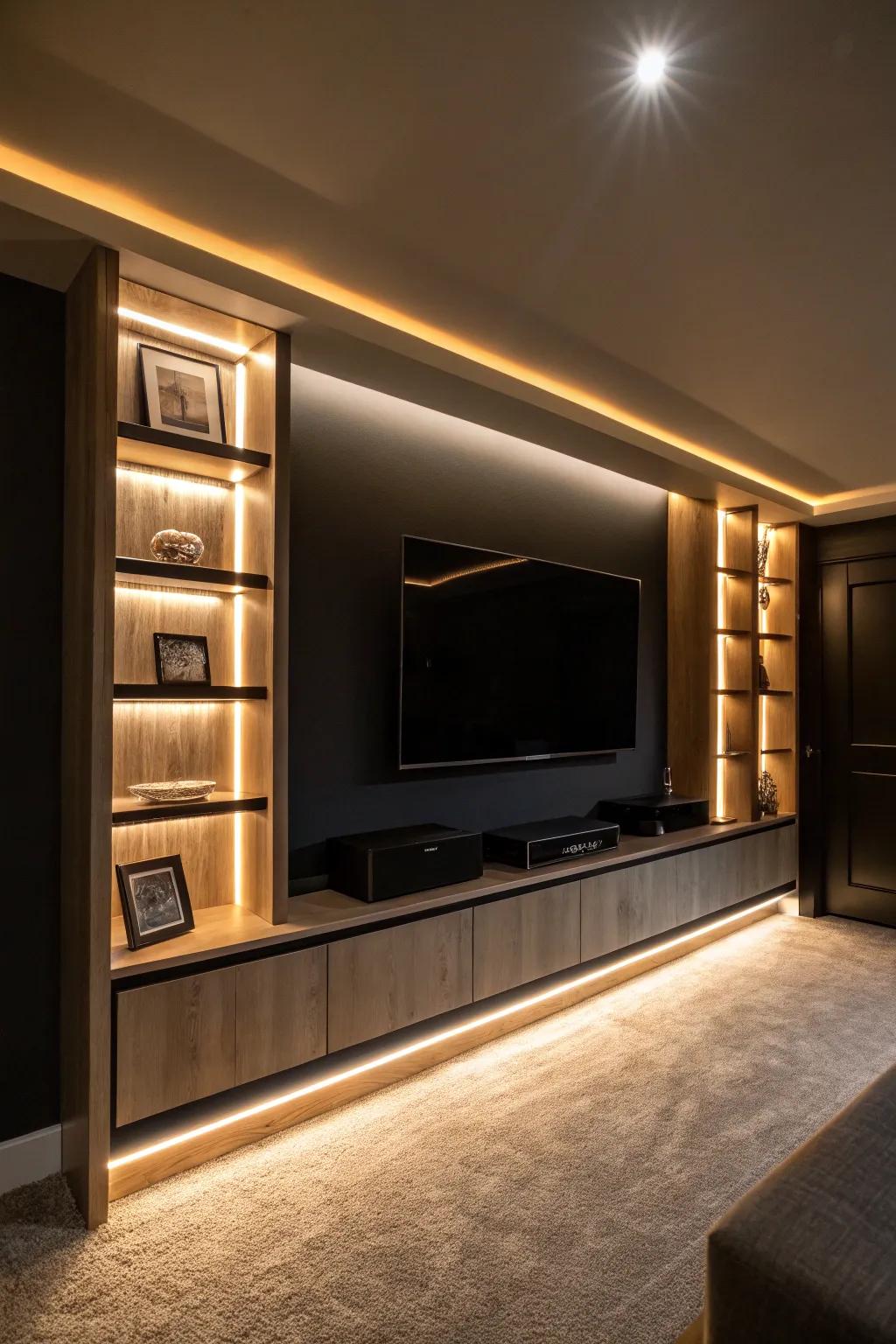 A basement TV area lit by ambient lighting, fostering a relaxed and inviting atmosphere.