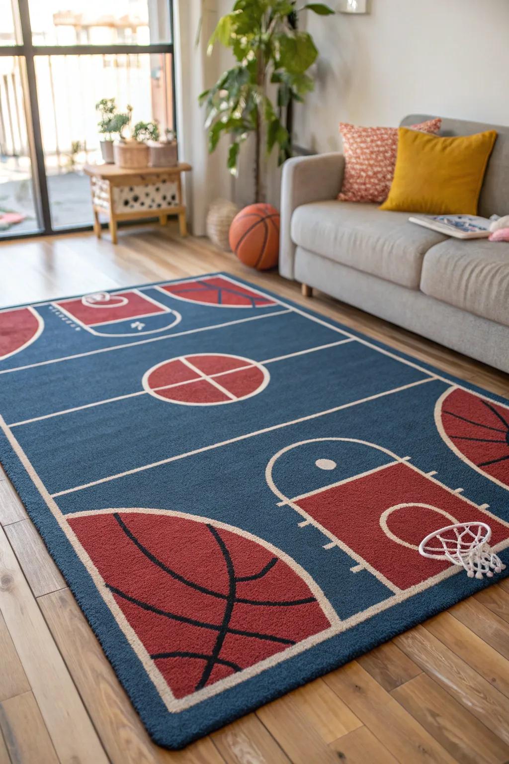 A floor covering with a basketball court theme infuses a sporty vibe into the area.