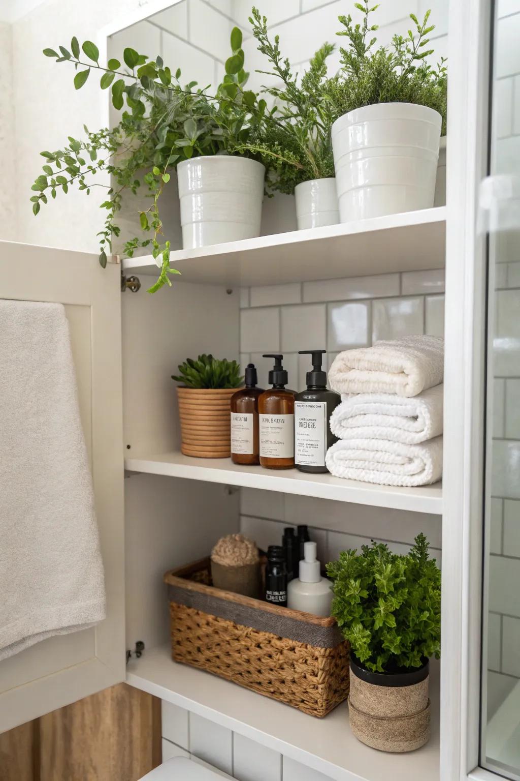 Plants add a fresh, natural touch to your bathroom closet.