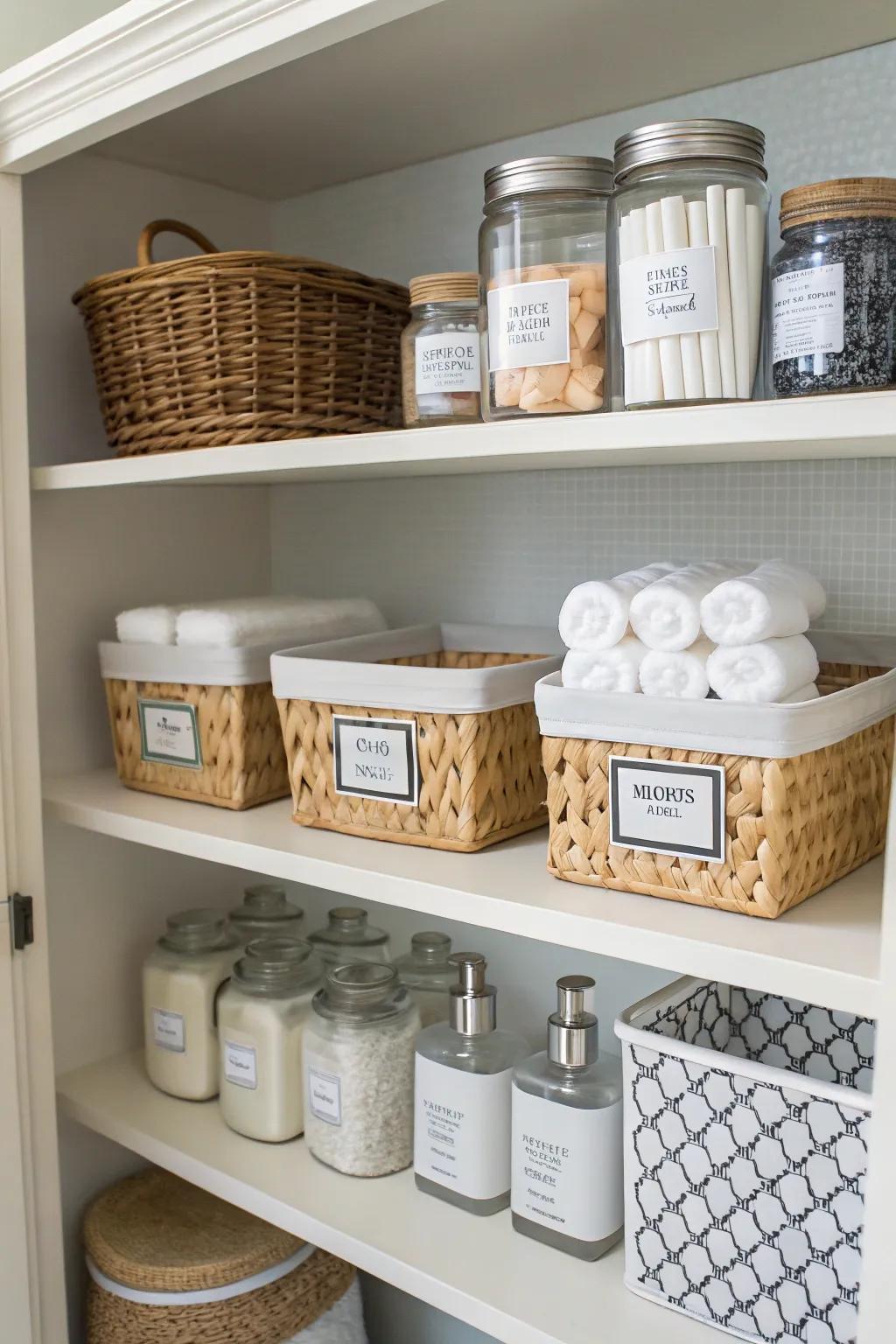 Labeled baskets and jars ensure organization is both easy and effective.
