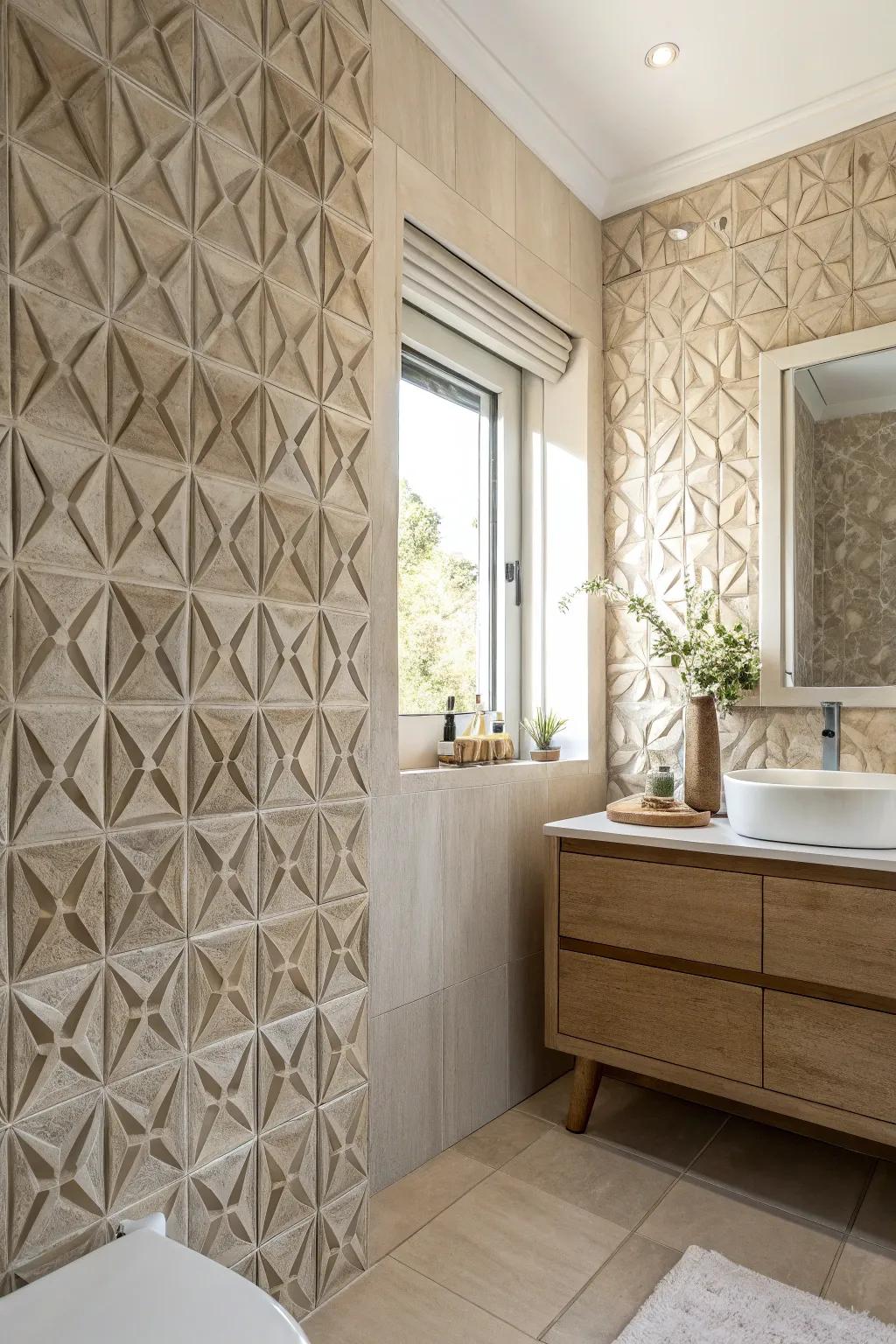 Bumpy tiles make a lively and interesting background in any bathroom.