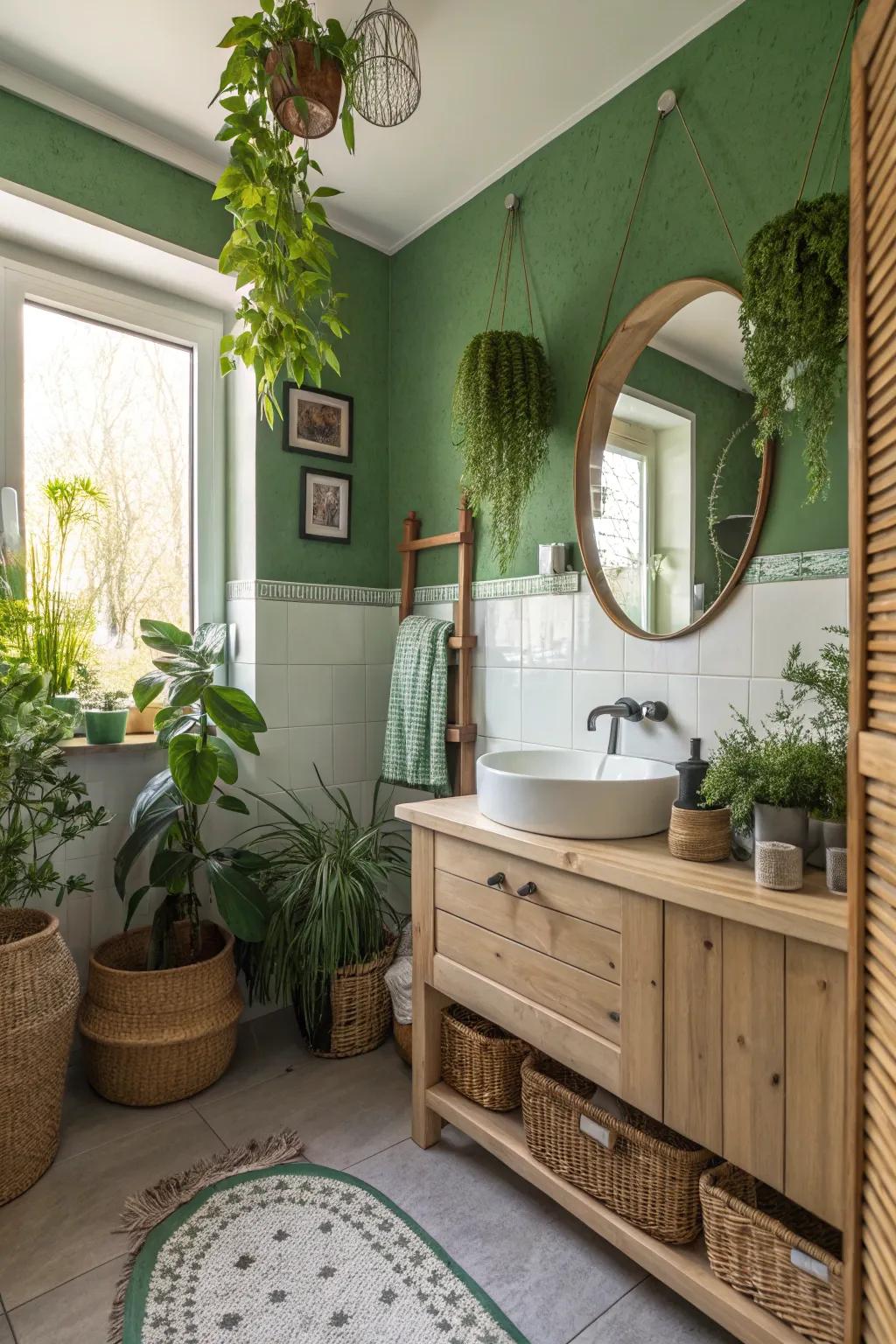 A nature-inspired bathroom featuring vibrant verdant walls.