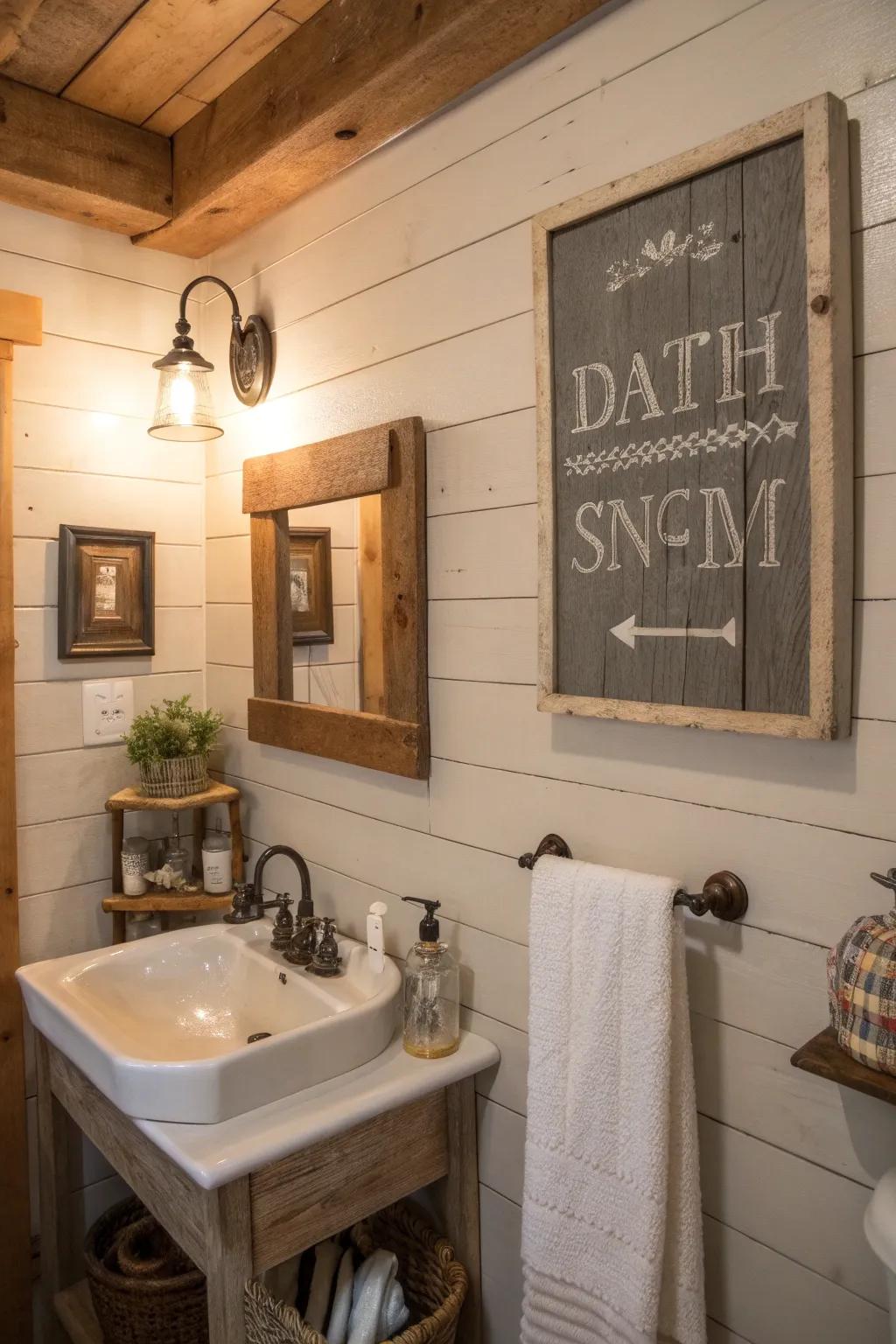 Enhance your bathroom using rustic wooden framed signs.