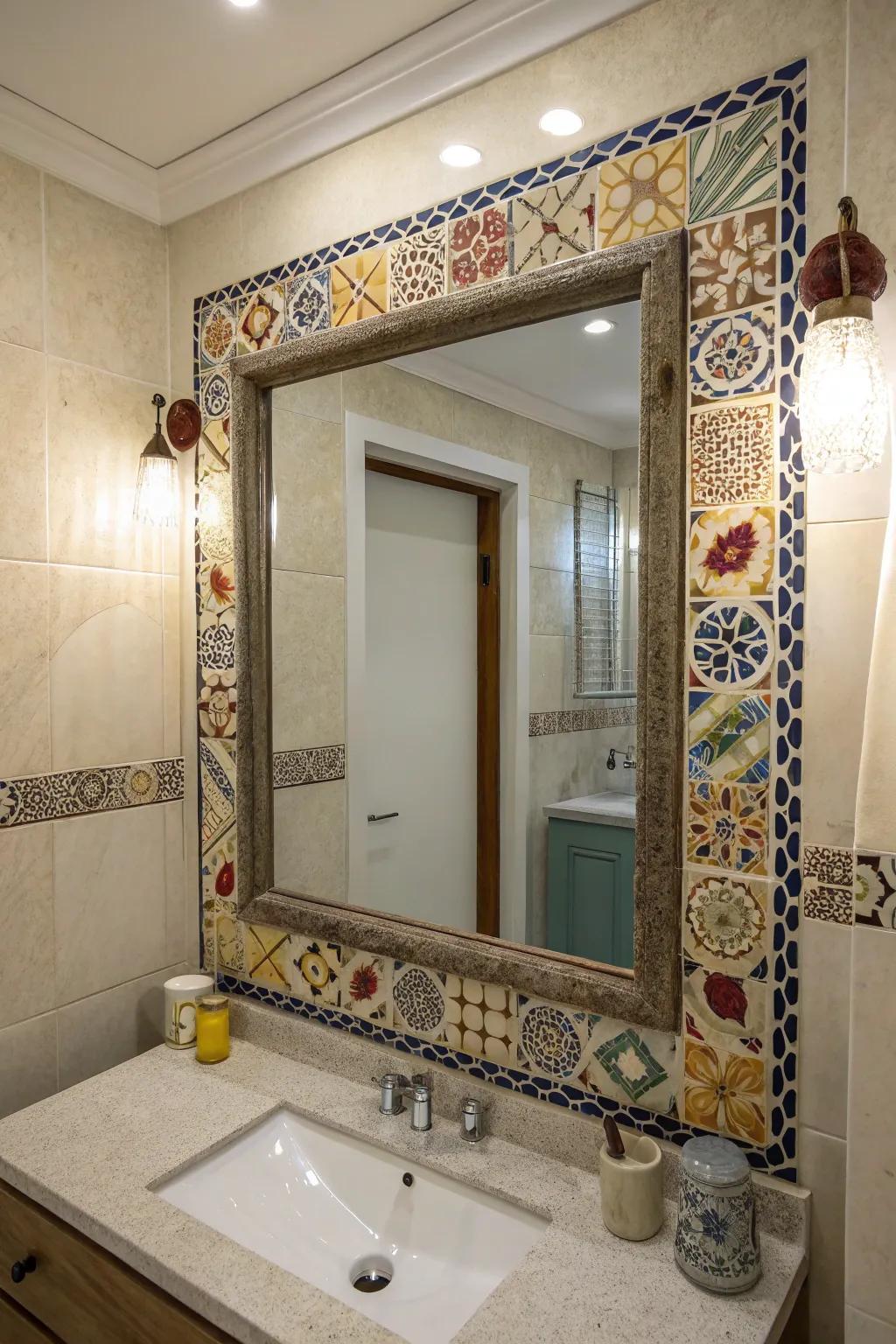 Artistic tilework transforms mirrors and vanities into artistic masterpieces.