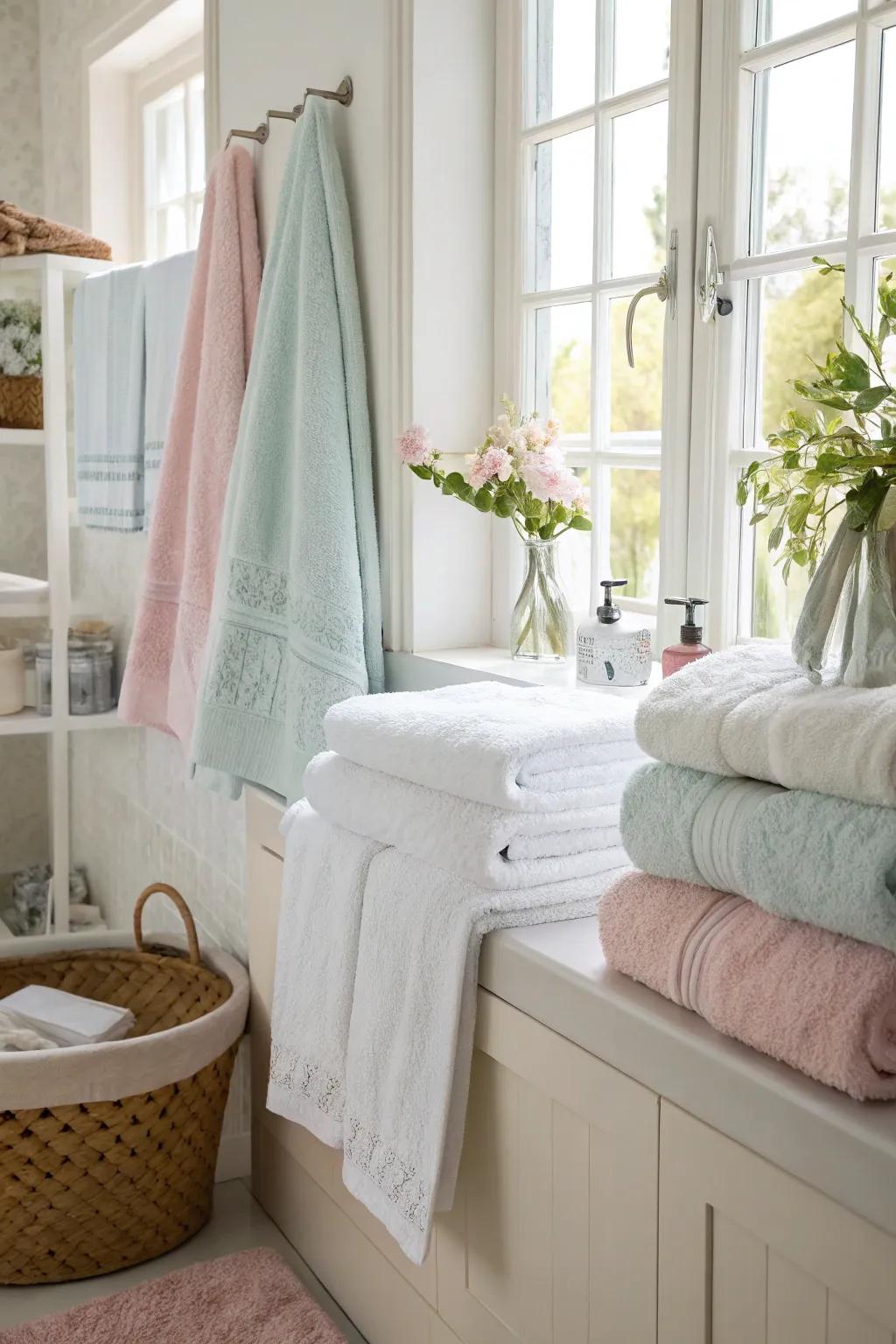 Snow white and tinted towels contribute a serene touch to your bathroom.