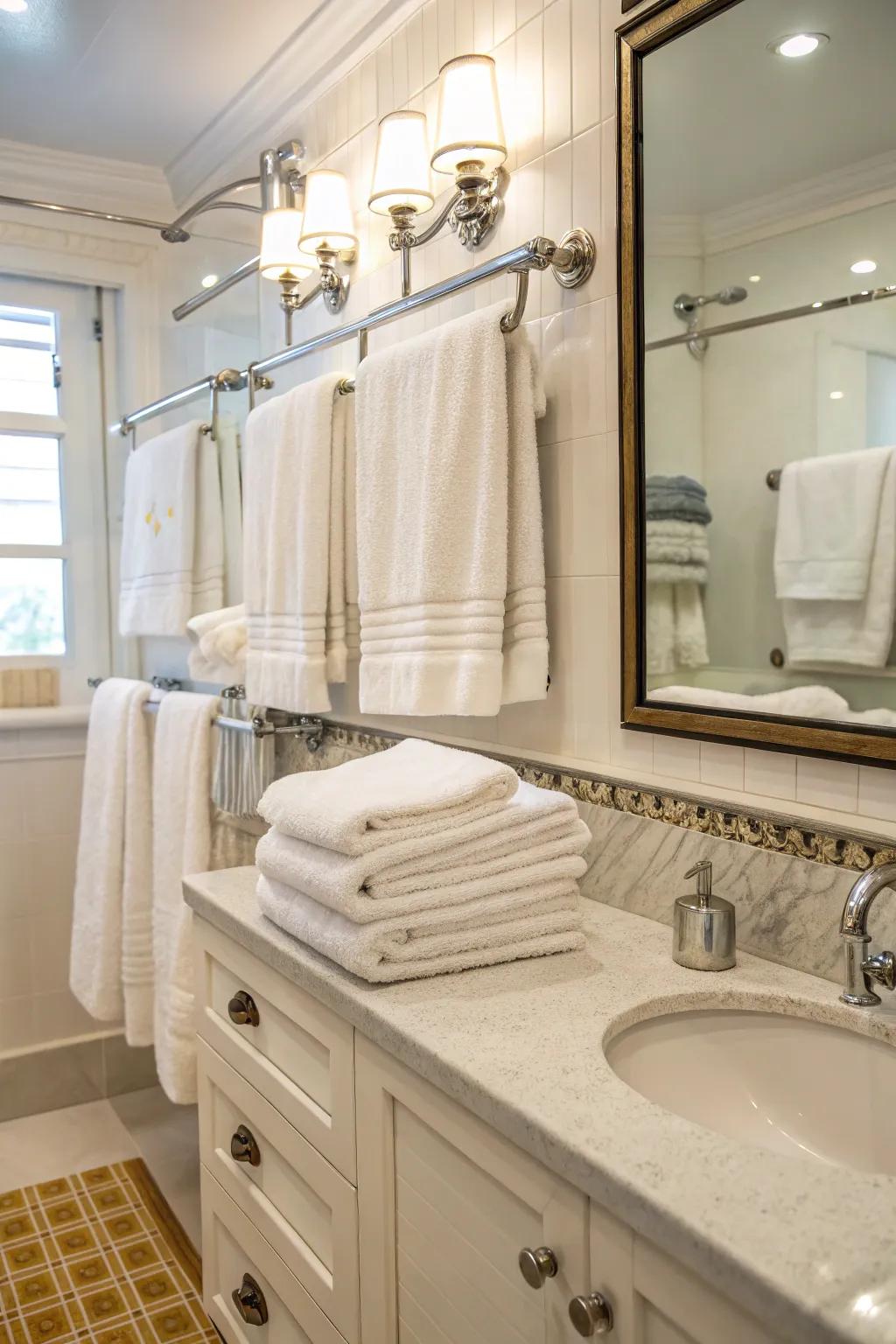 Display your towels in a neat fashion with bars and hooks.