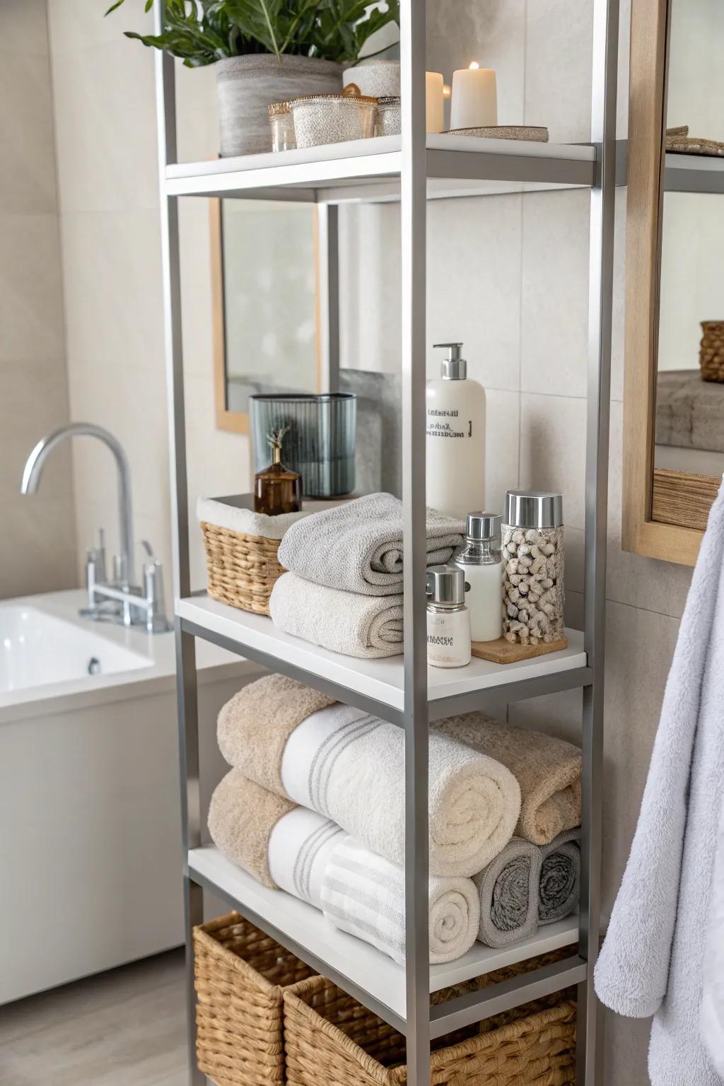 Make the most of space by using shelving that can also store towels.