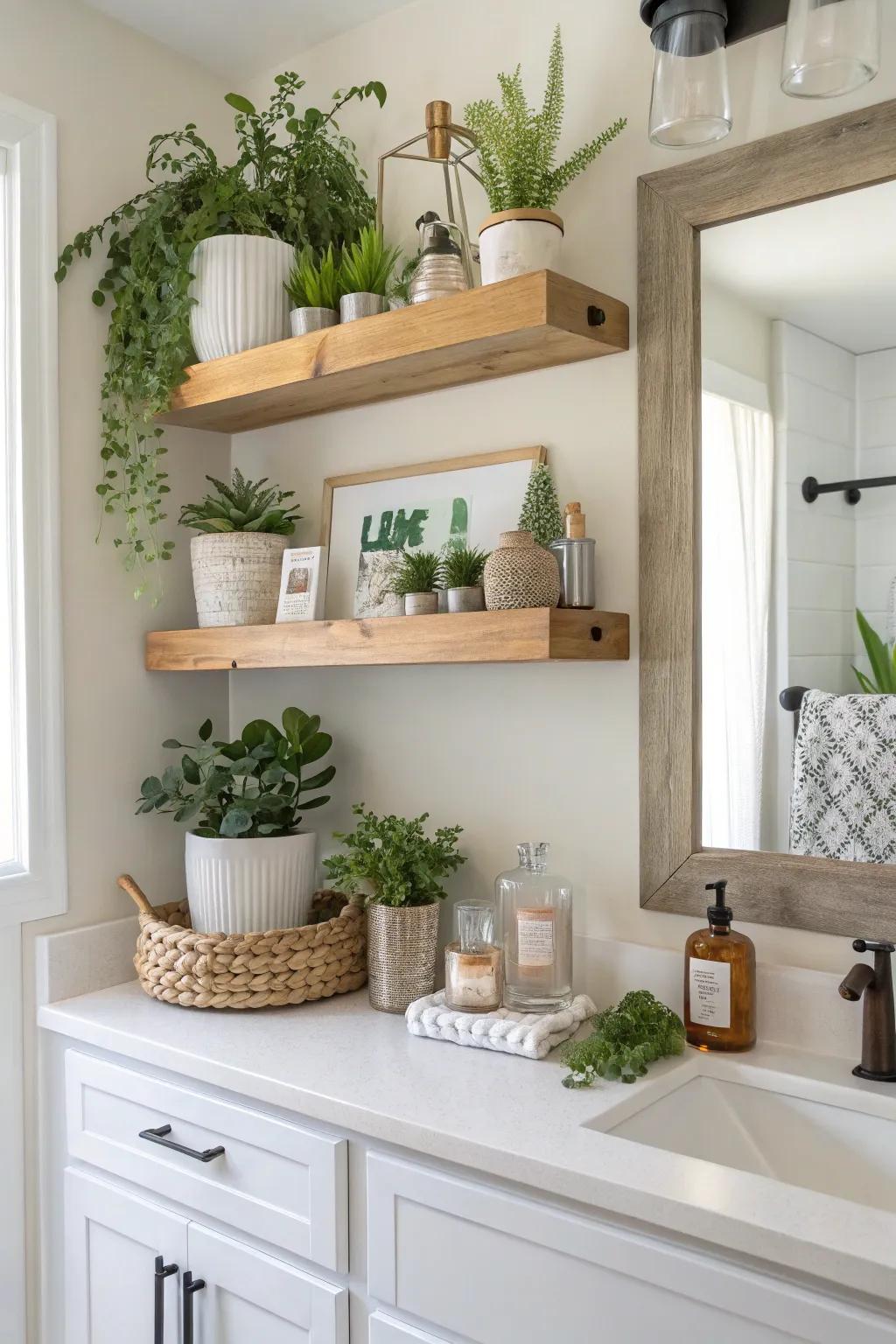 Elevated shelves enhance storage and aesthetic.