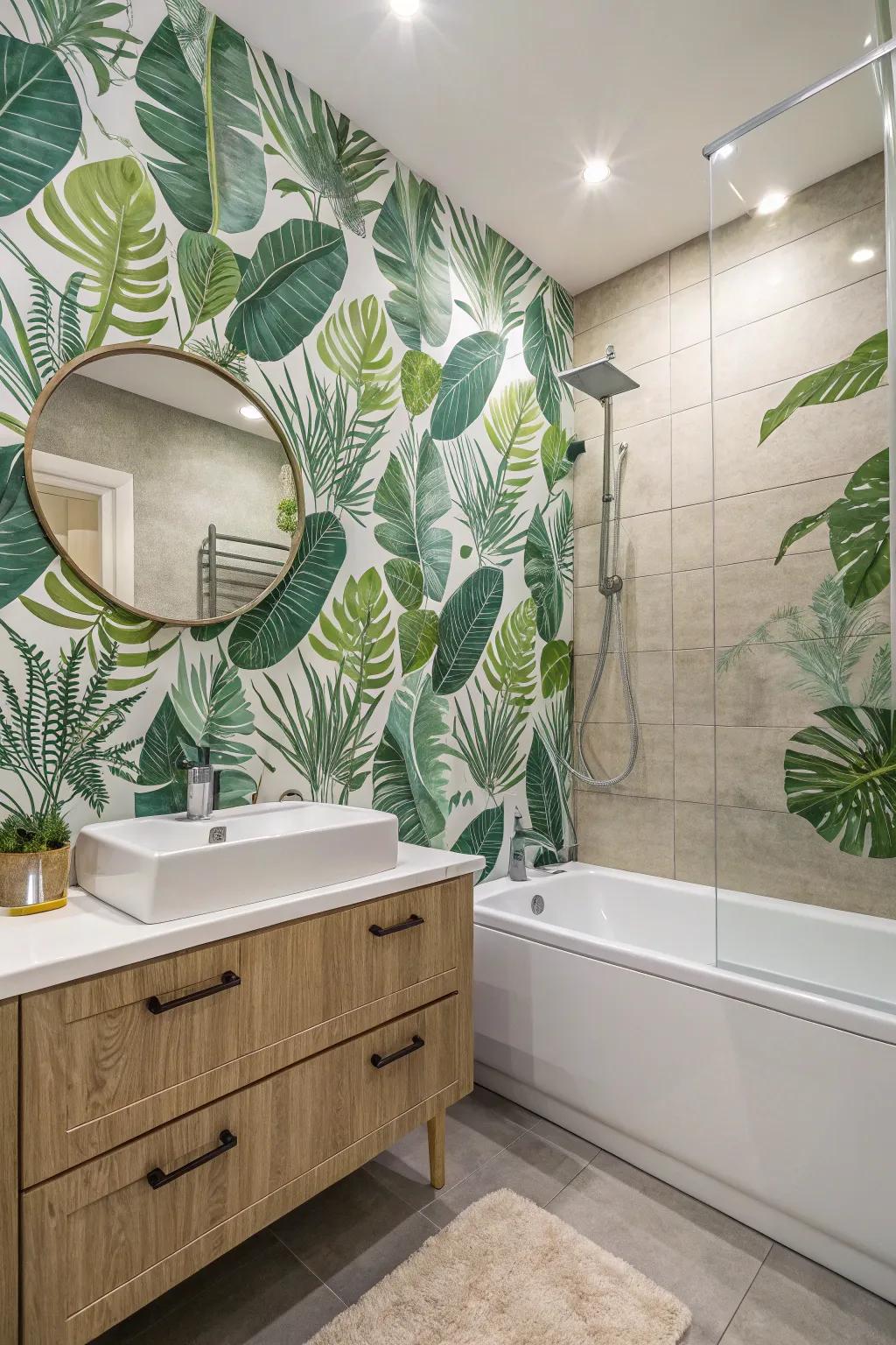Transform your bathroom into a green paradise with botanical wallpaper.