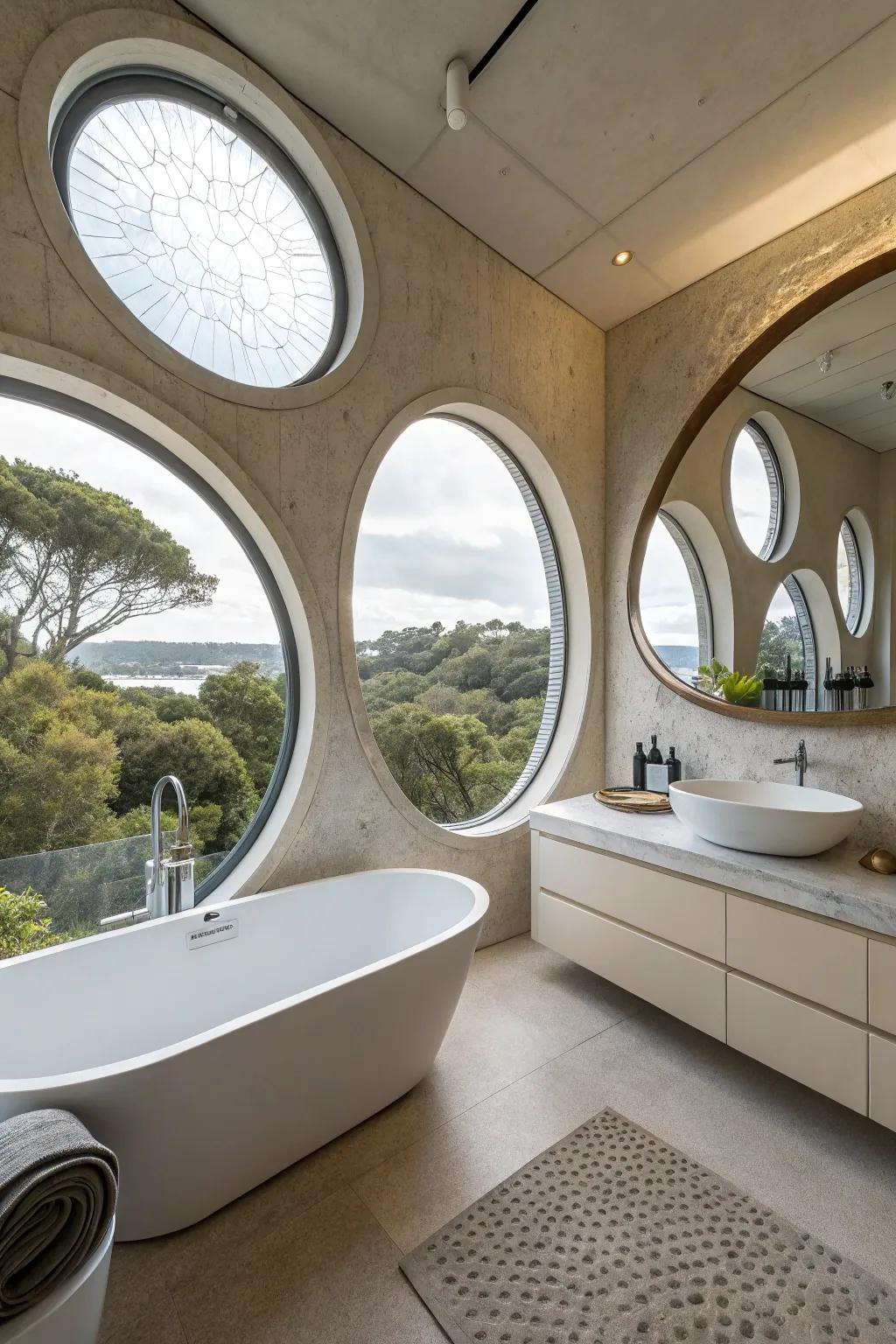 Circular windows adding architectural interest to a contemporary bathroom.