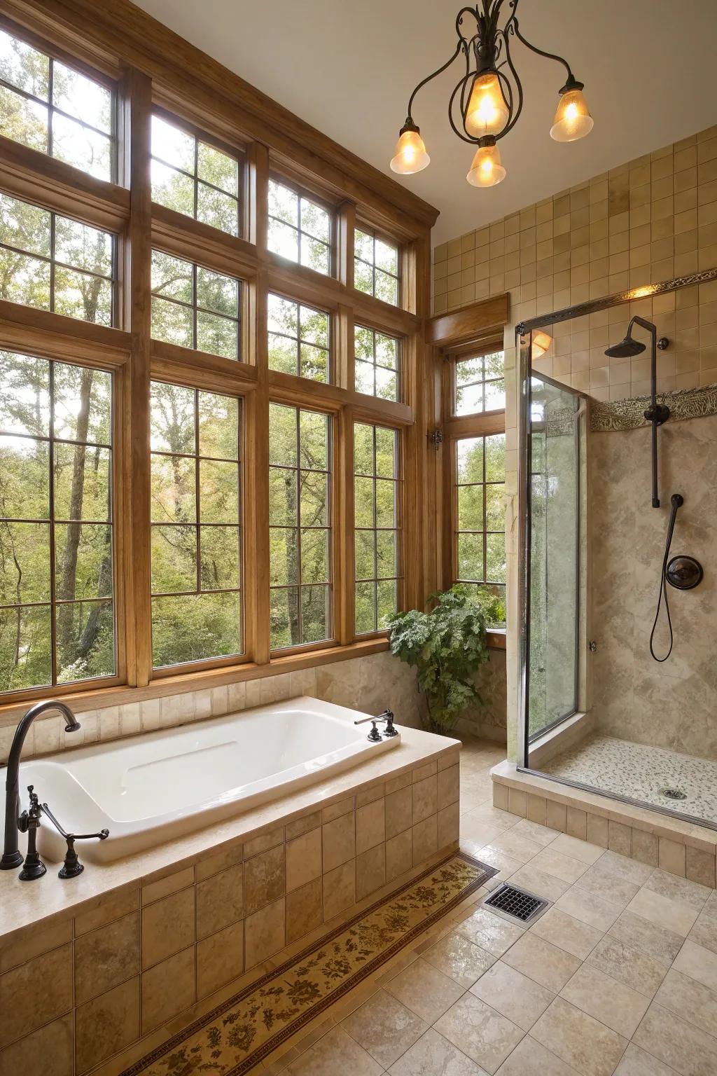 Large windows that maximize natural light in a bathroom.