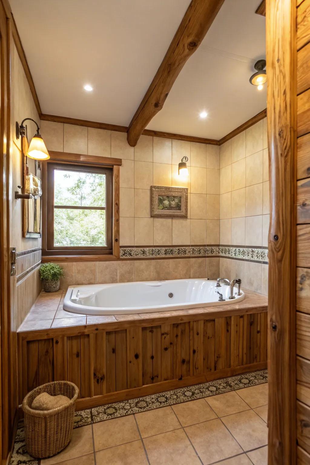 A tub is encompassed by wooden details for an inviting and warm atmosphere.