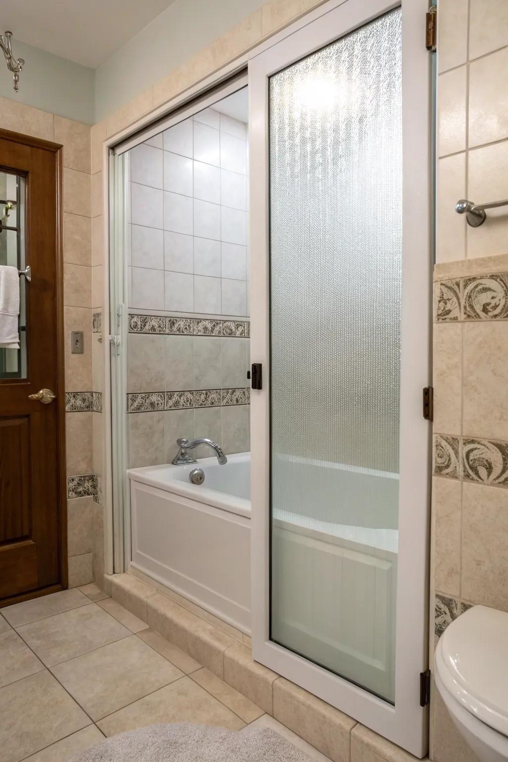 Opaque glass doors deliver privacy with a fashionable twist.