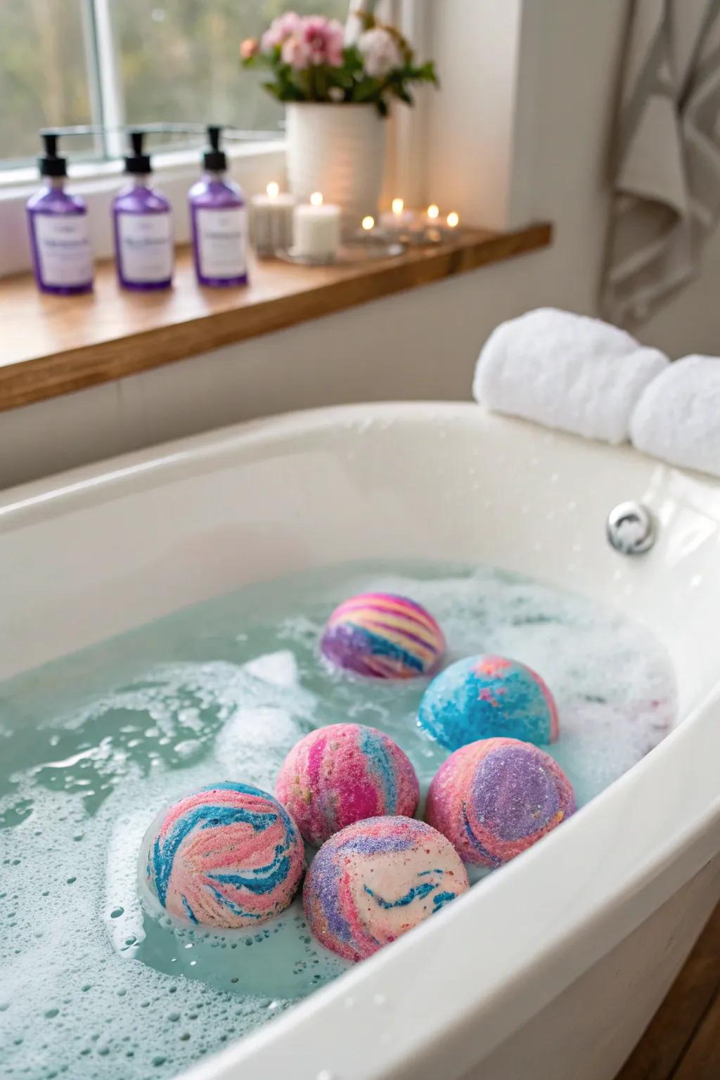 Incorporate homemade bath bombs for a colorful, fragrant soak.