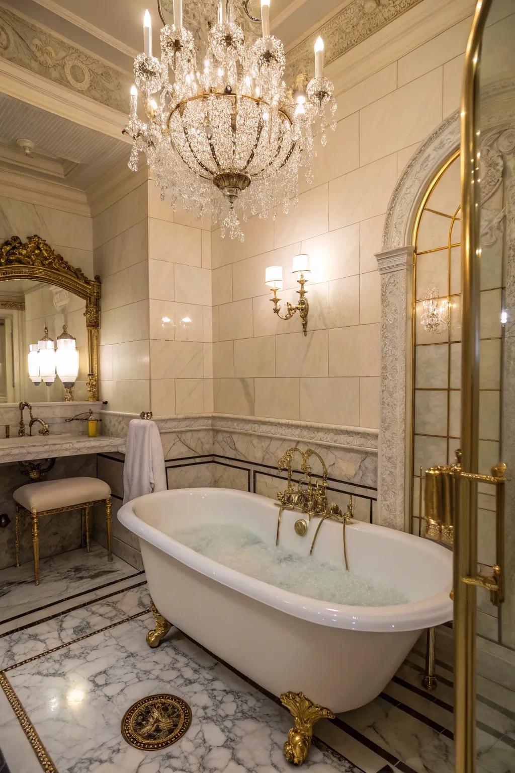 A chandelier above the tub injects a glamorous flair to this bath space.