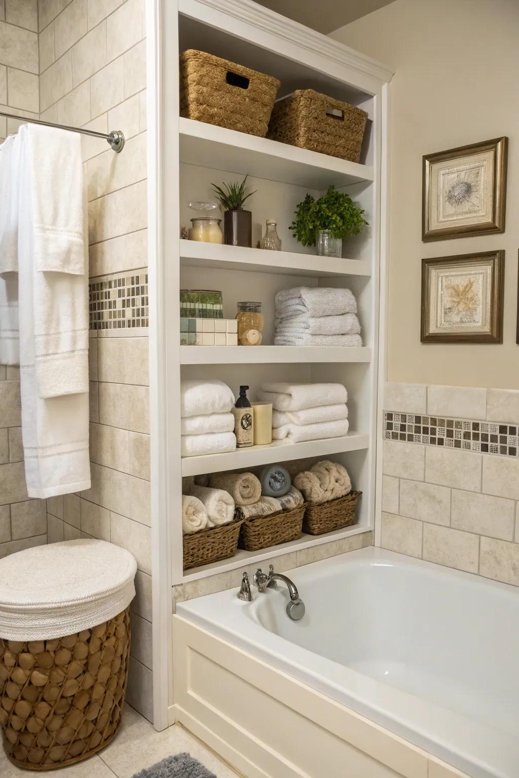 Practical storage around your tub area keeps your zone tidy and fashionable.