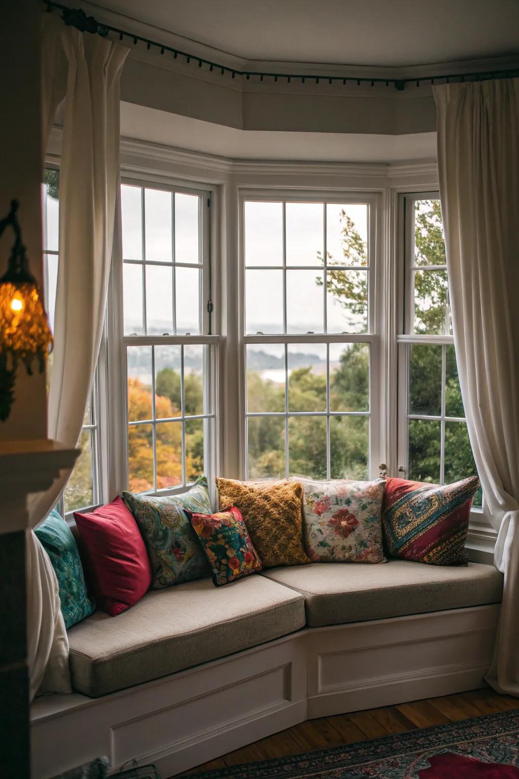 A sofa in the bay window offers the perfect spot for relaxation and scenic enjoyment.