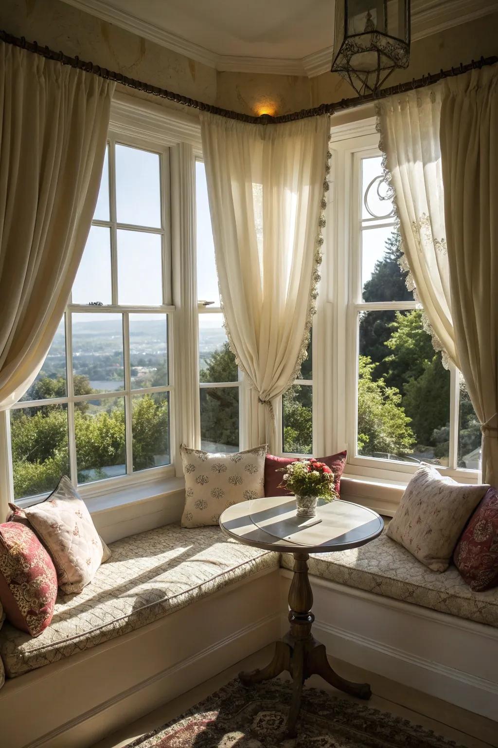 Soft window toppers make for an inviting seating nook.