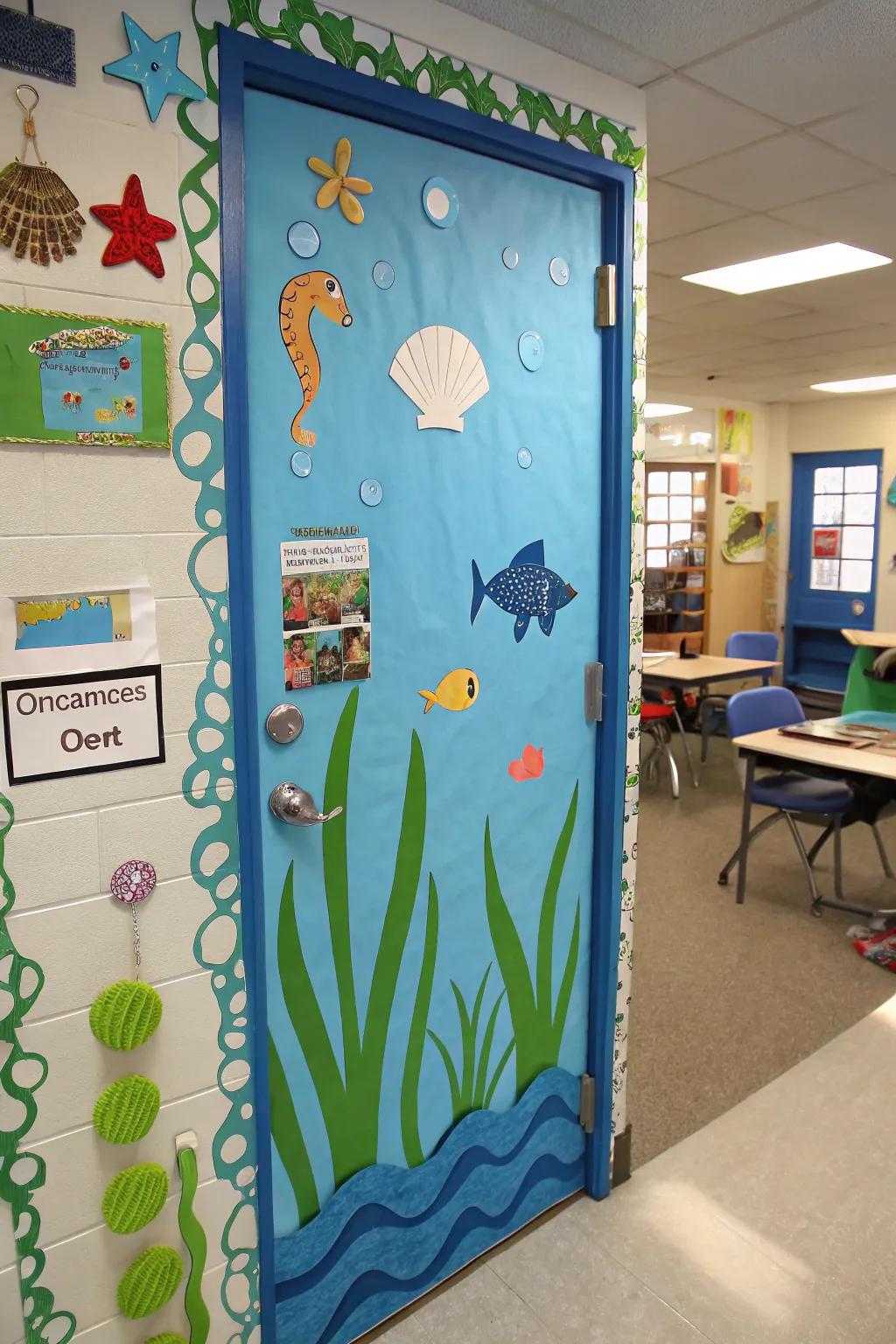 Peaceful classroom doorway with ocean-inspired shades and marine-style elements.