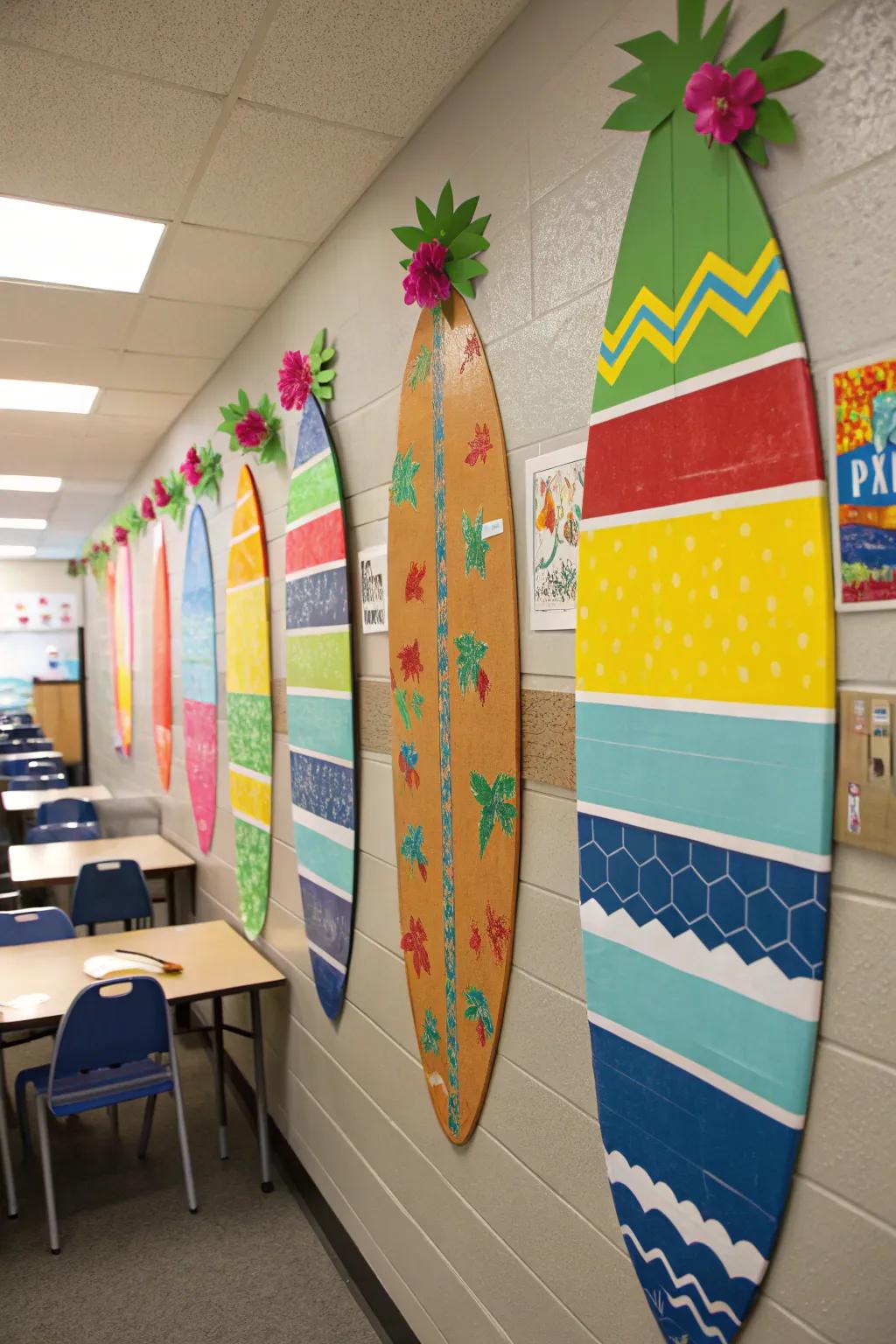 Imaginative DIY longboard decor injecting a splash of color and joy into the classroom walls.