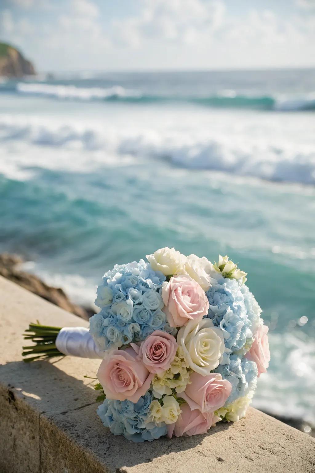 A pastel-toned posy radiating romance by the sea.