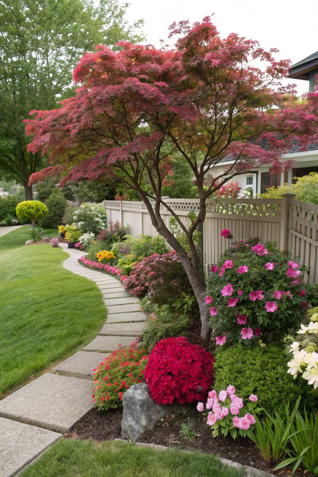 A decorative tree adding elegance to the front yard.