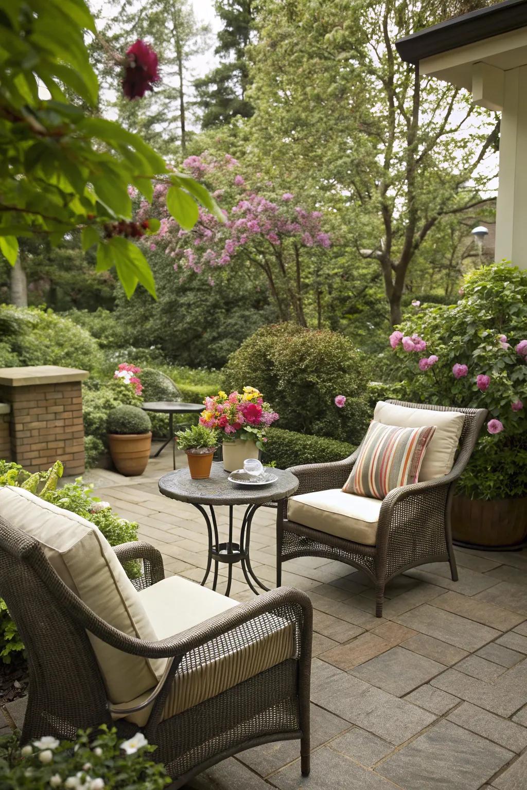 A comfortable seating area is nestled in a garden, perfect for unwinding with a cup of coffee.