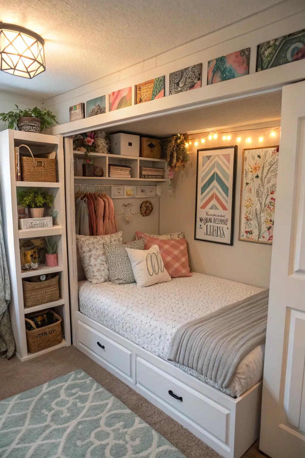 Art and decor personalize your closet sleeping zone.