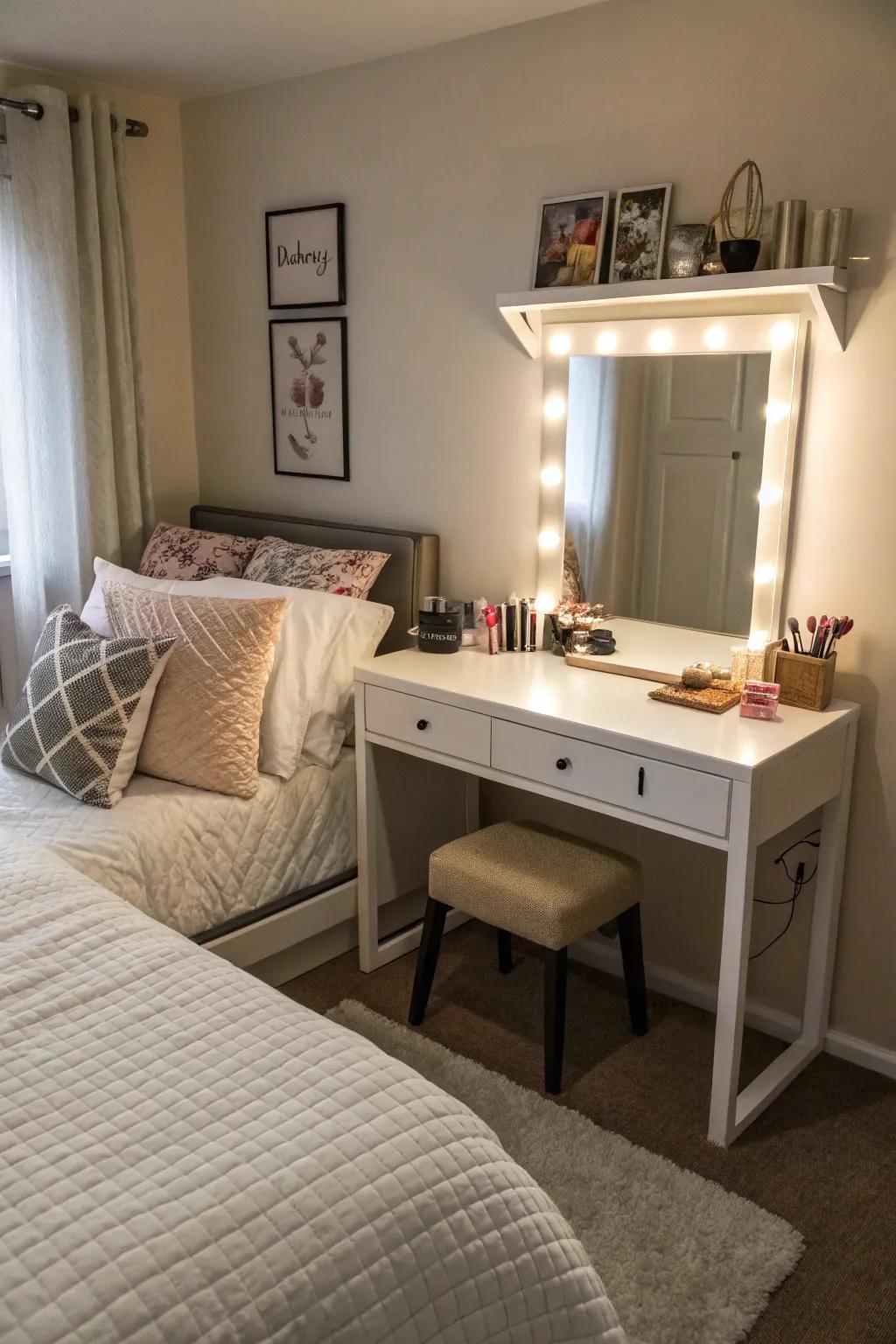 A double-duty corner with bed and workspace.