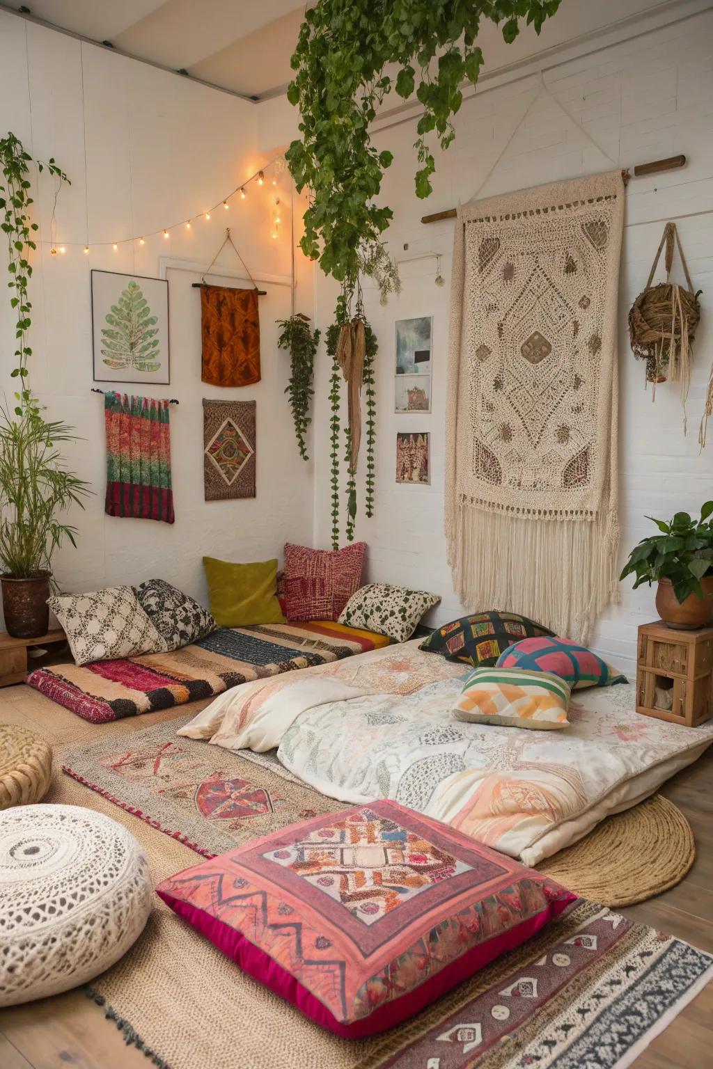 Embrace bohemian allure with a textured floor bed arrangement.