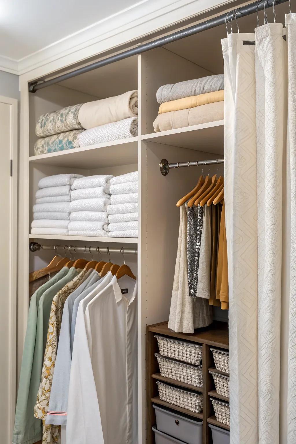 Hanging storage amplifies space and prevents creases in sheets.