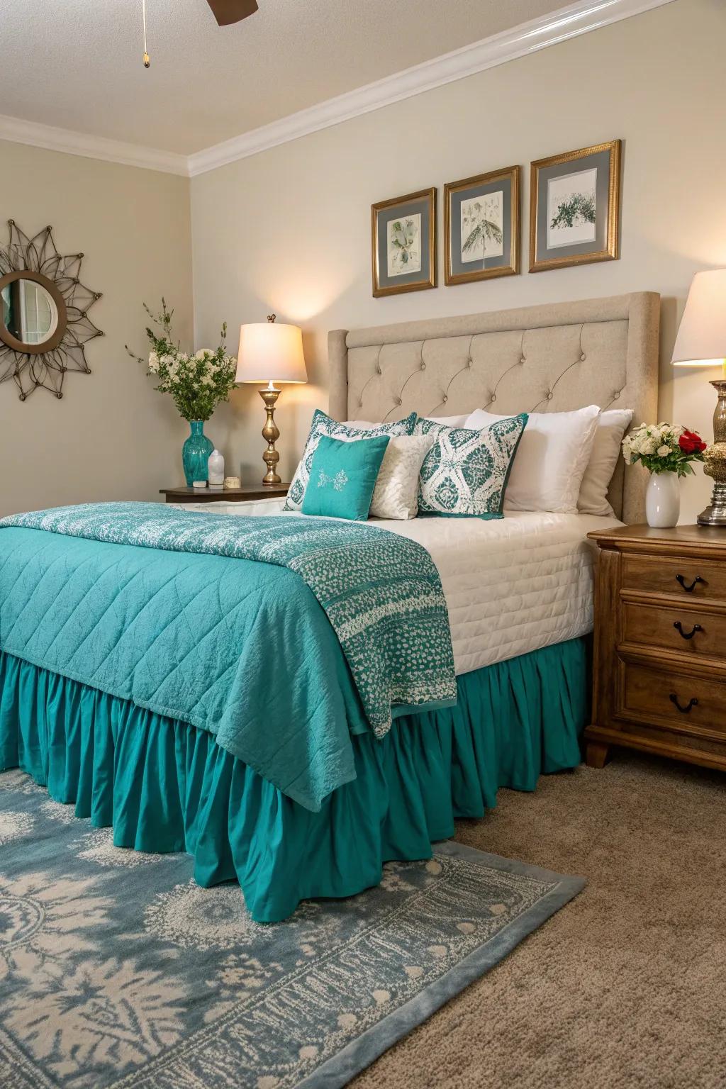 A vibrant-colored bed skirt can make your bed a prominent feature.