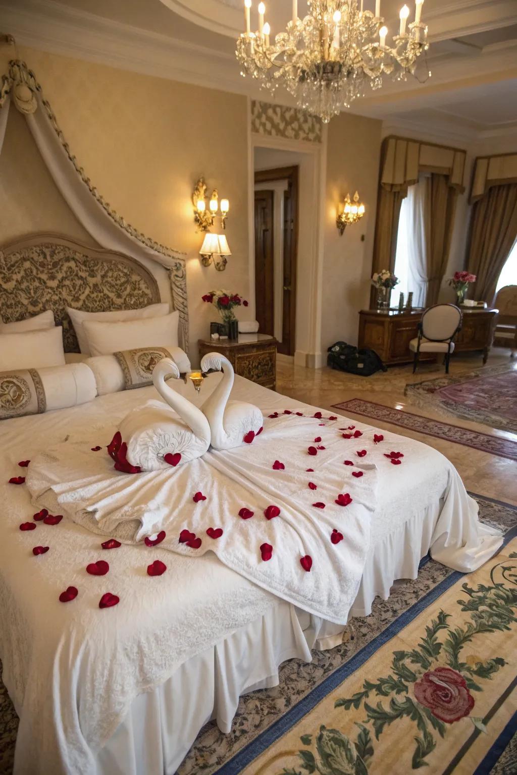 Detailed towel sculptures enhanced with rose petals for a luxurious touch.