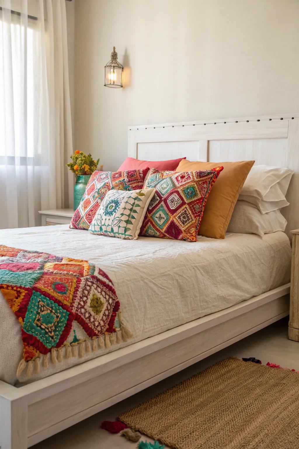 Colorful accent cushions can introduce a playful element to your bed.