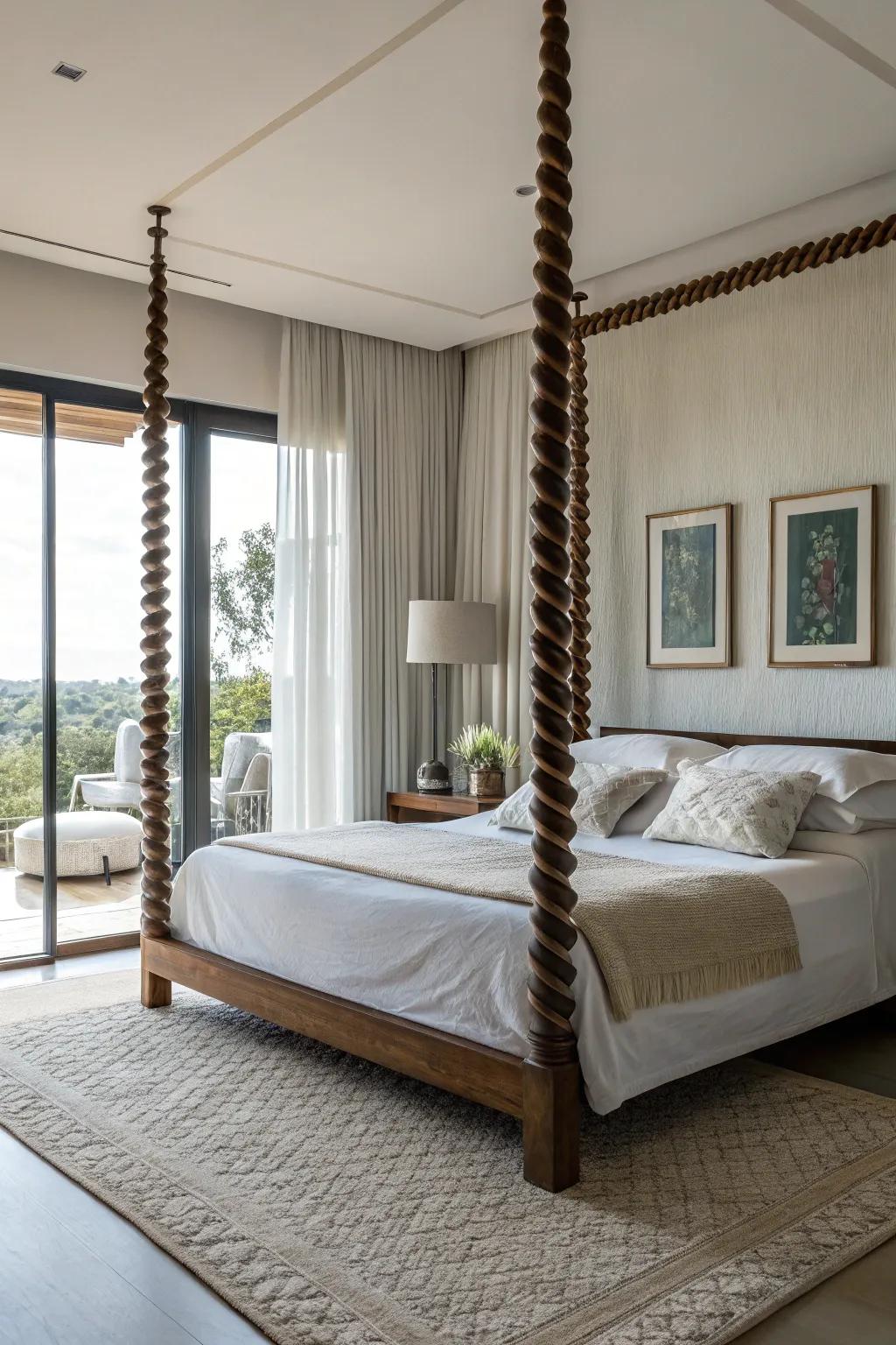 Twisted bedposts create a visually striking element in your decor.