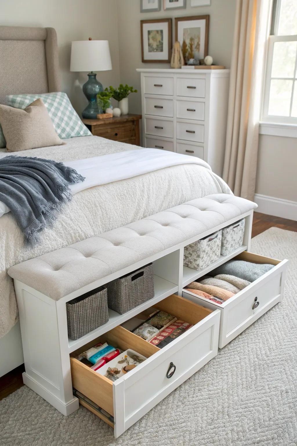 A storage bench supports an organized and clutter-free bedroom.