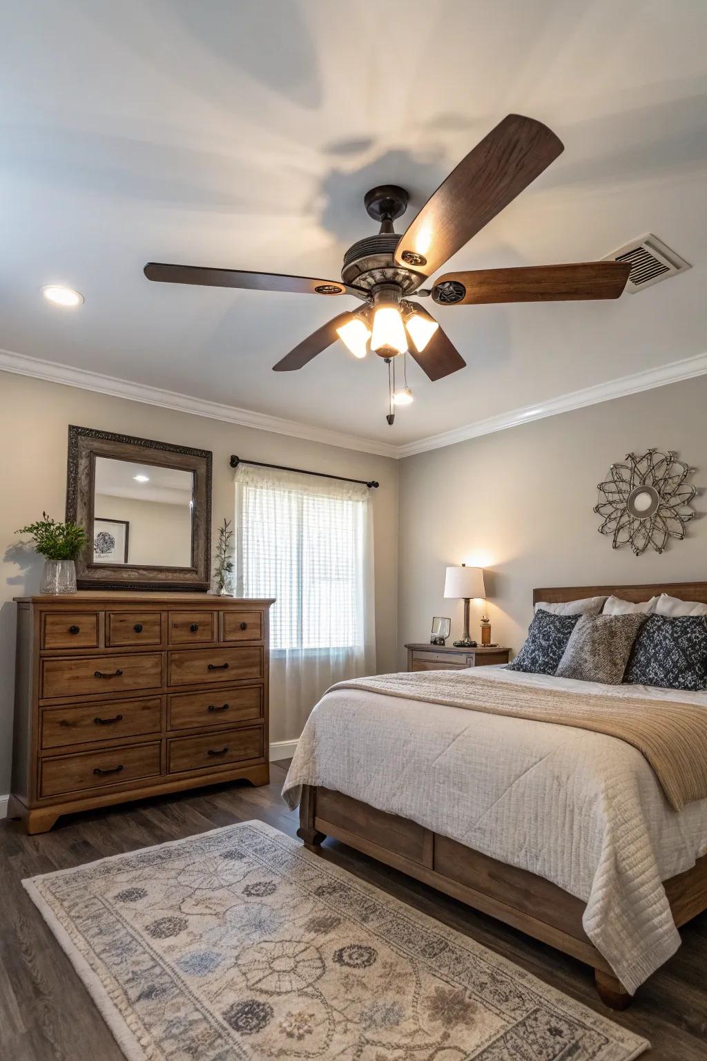 Stay refreshed and fashionable with a ceiling fan that brightens the area.