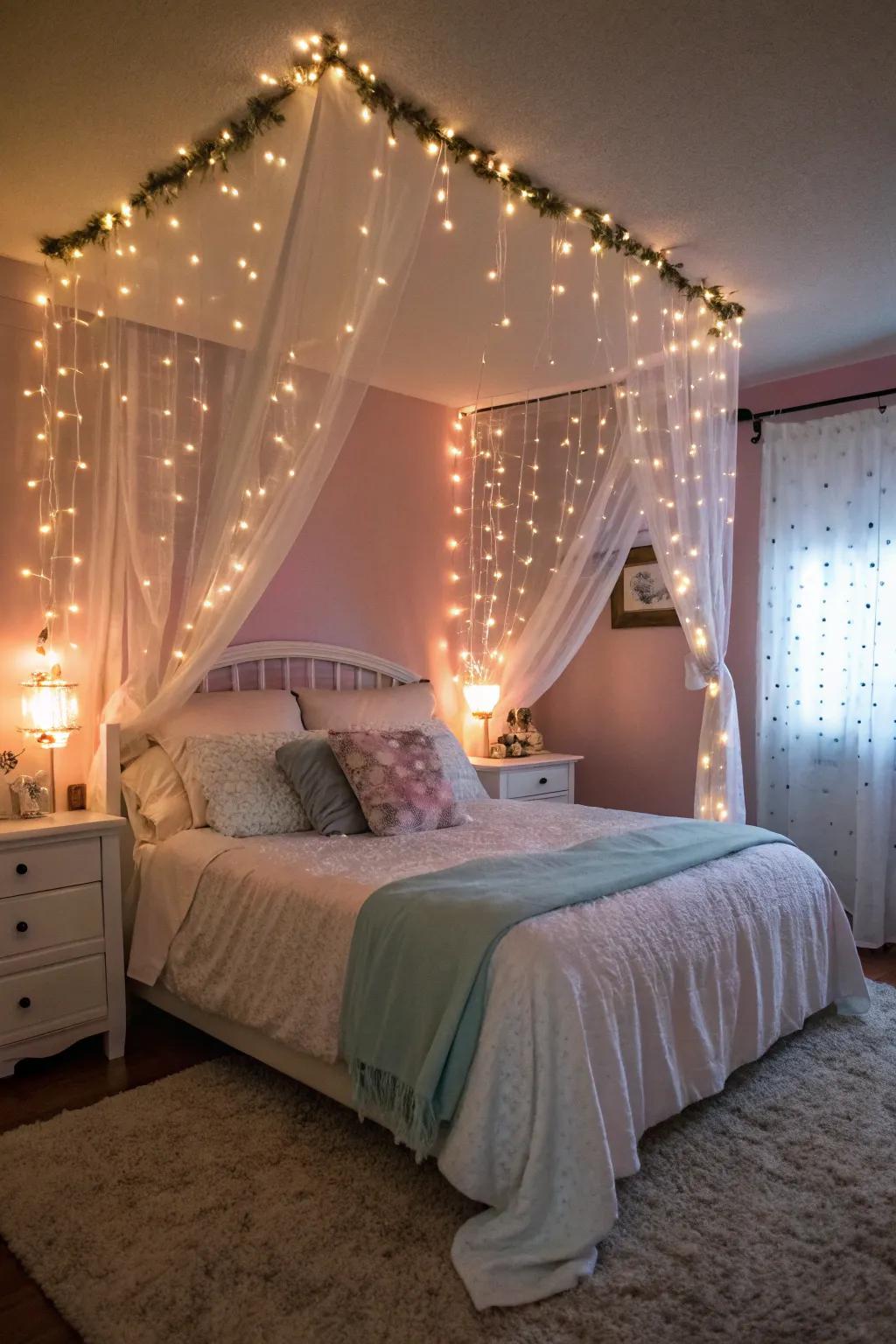 Sparkling lights bring a warm and enchanting mood to this inviting bedroom.