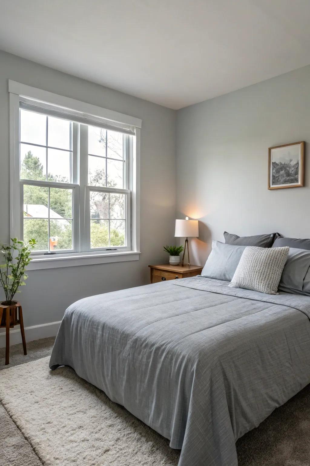 Uncomplicated, solid-colored bedding enhances the room’s unified look.