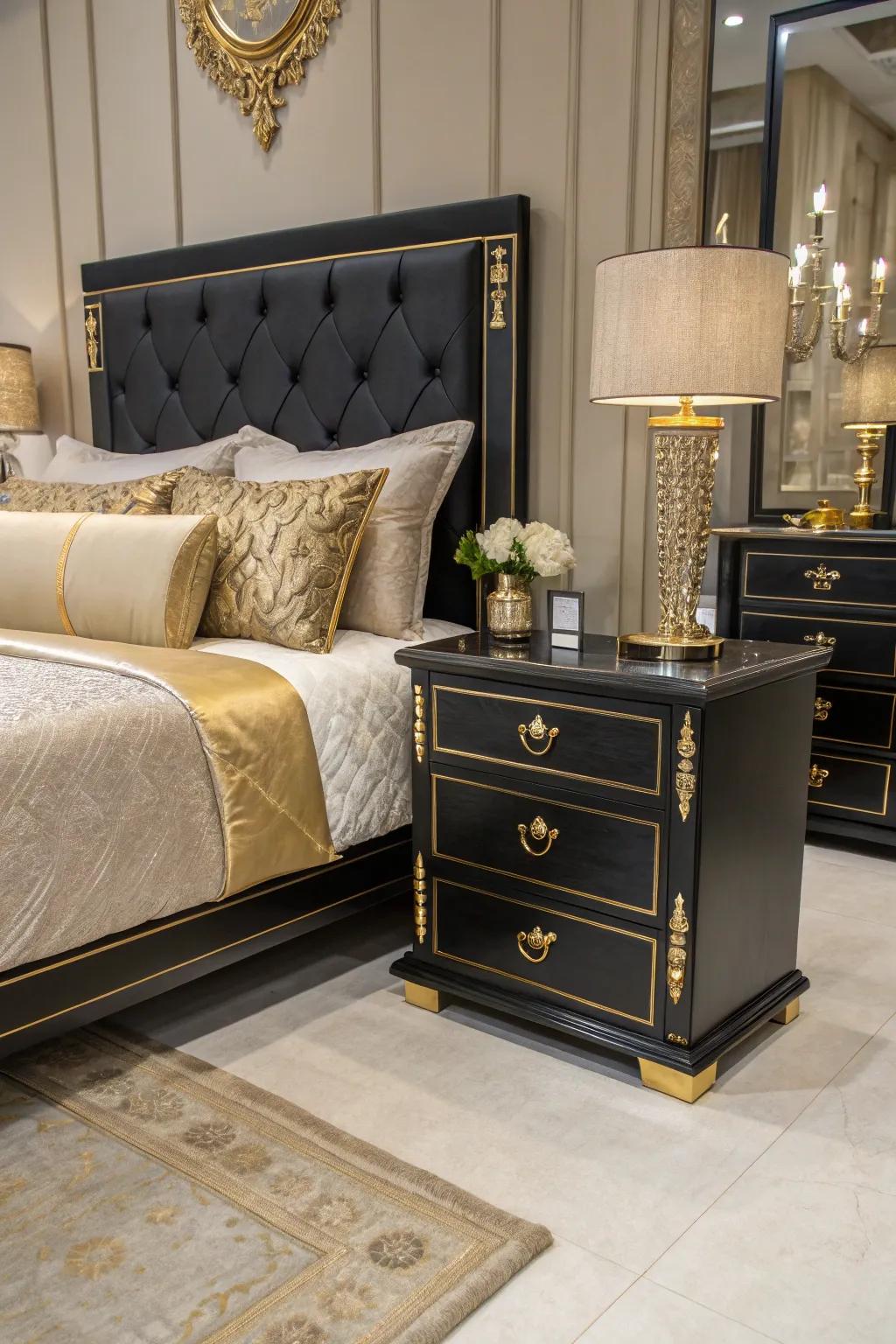 Gold accents add a luxurious touch to a bedroom with black furniture.