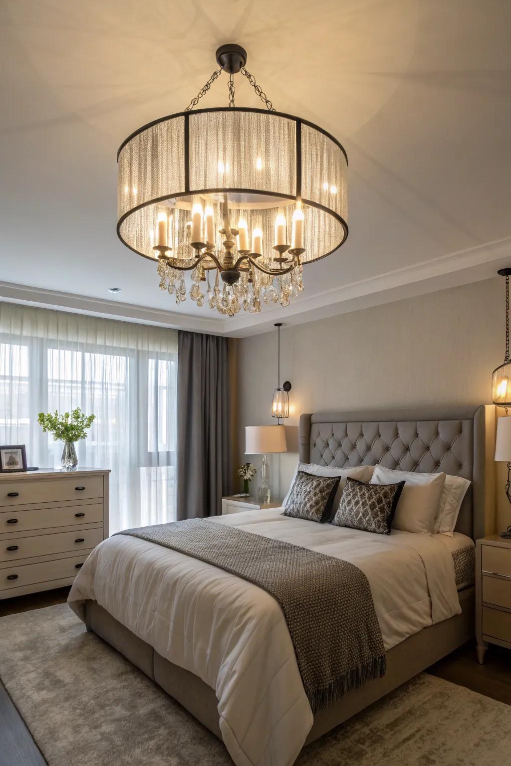 A bedroom enhanced by the elegance of a dramatic light fixture.