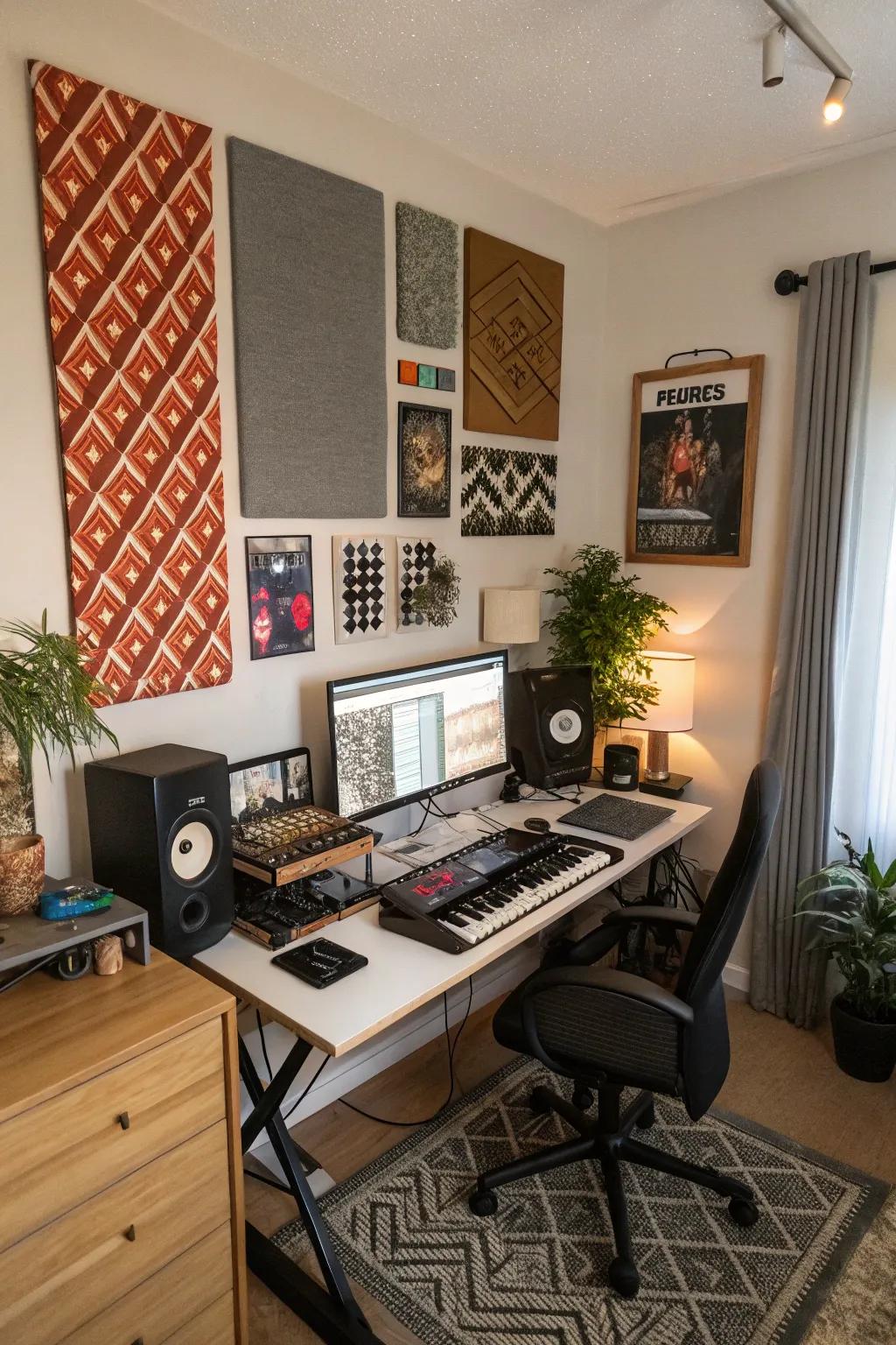 Acoustic panels offer both sound management and aesthetic appeal in a personal studio.