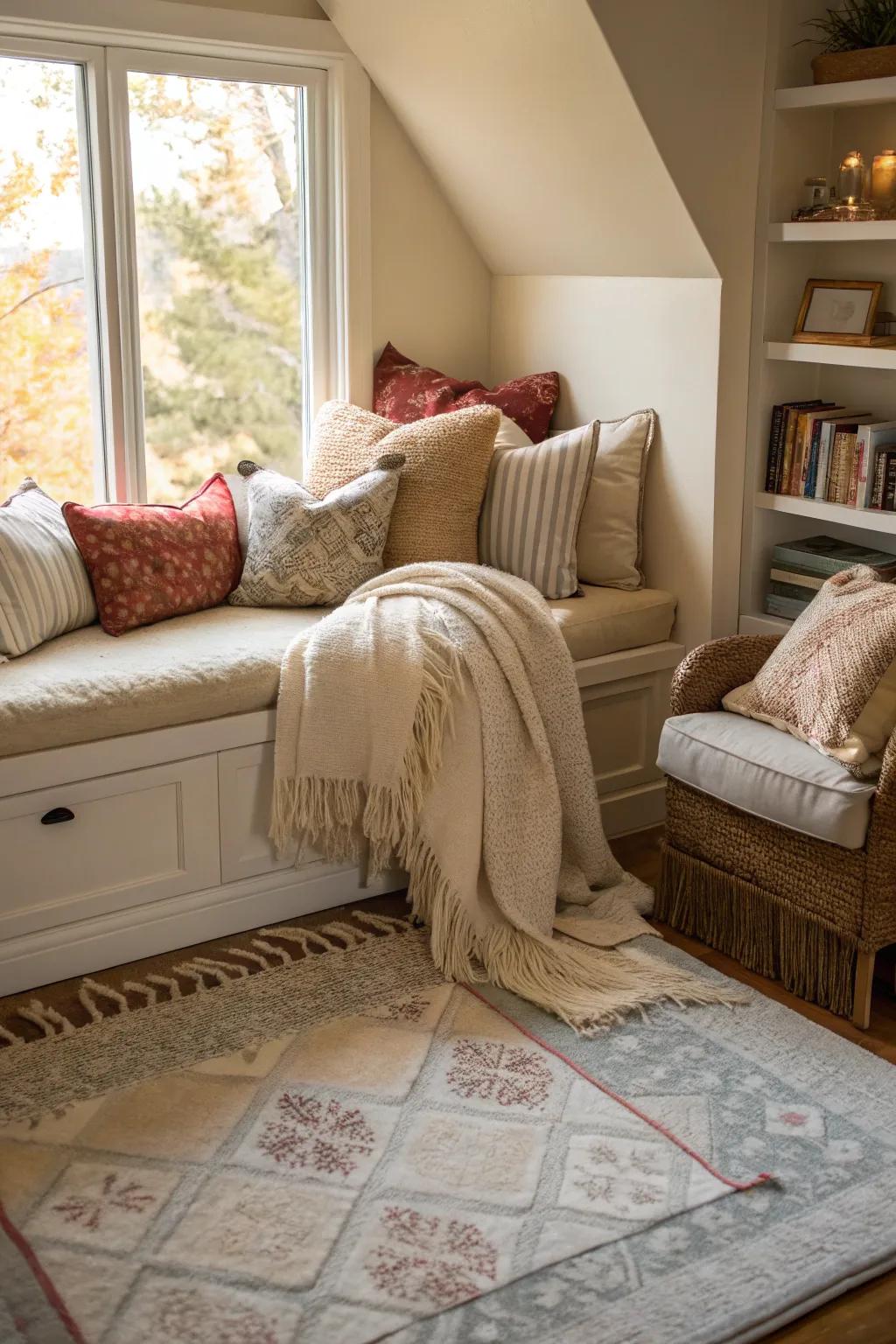 A cozy bedroom nook filled with textiles, including pillows, blankets, and a soft rug.