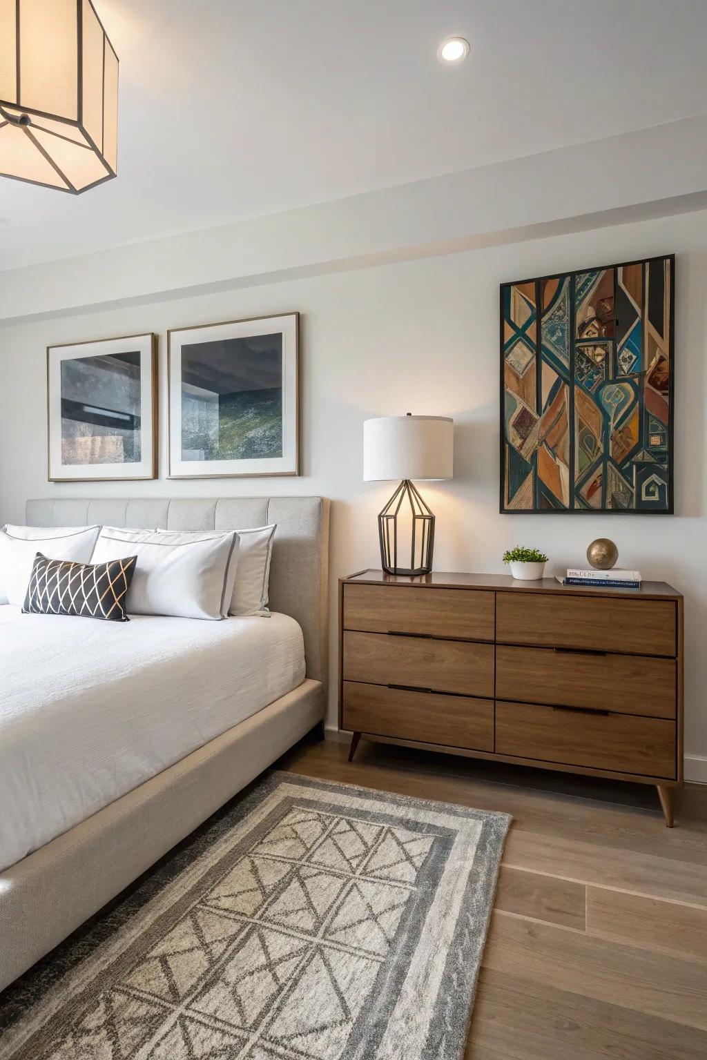 A modern bedroom featuring chic, contemporary decor.